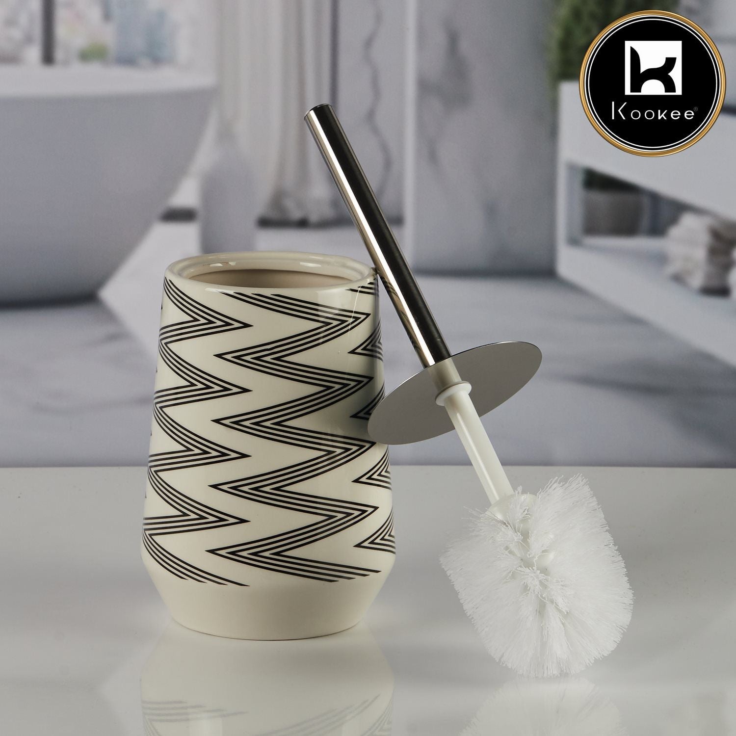 Kookee Ceramic Toilet Cleaner Brush with Holder Stand for Bathroom, White (11502)