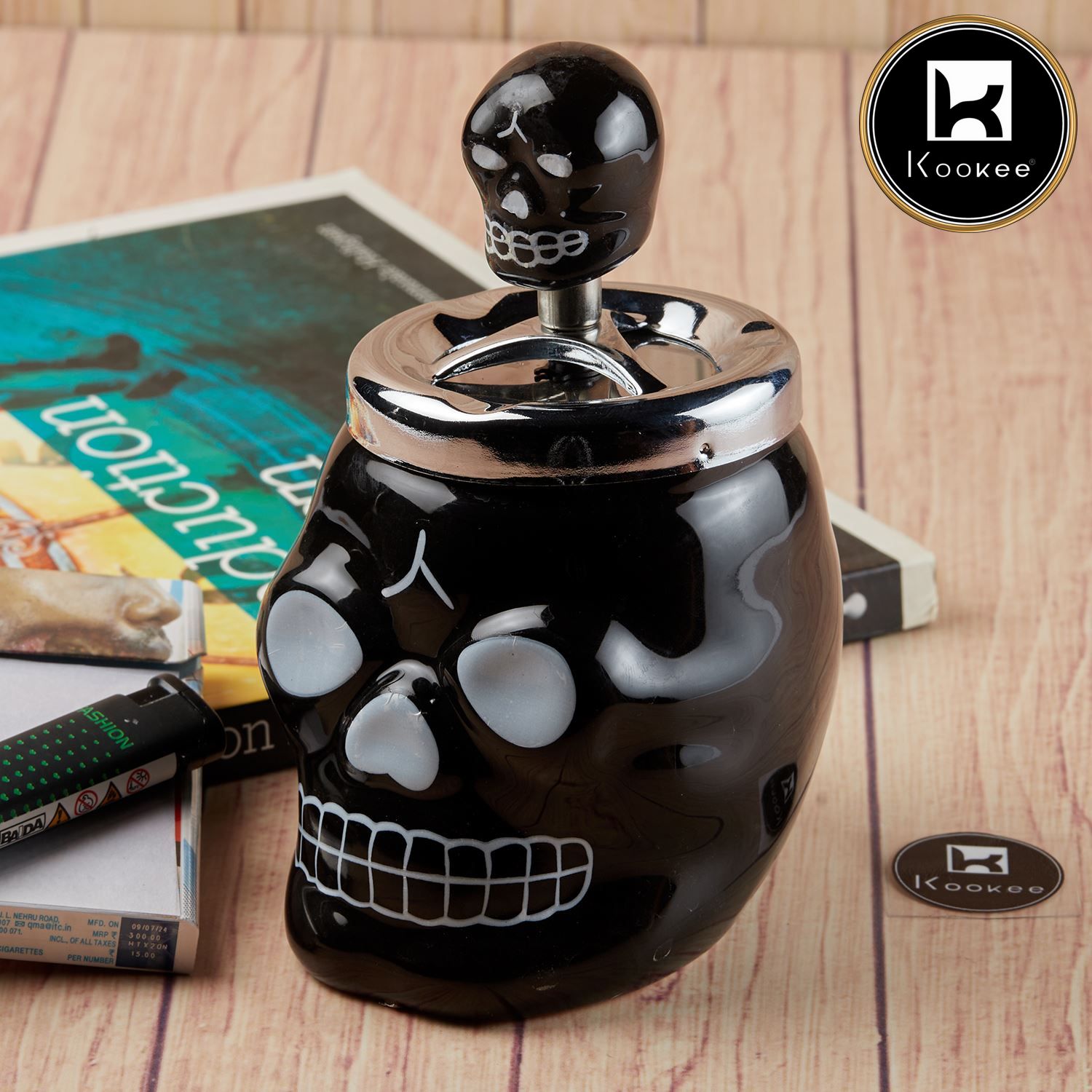 Kookee Smokeless Ceramic Push Down Ashtray for Cigarettes, Round, Black (11520)