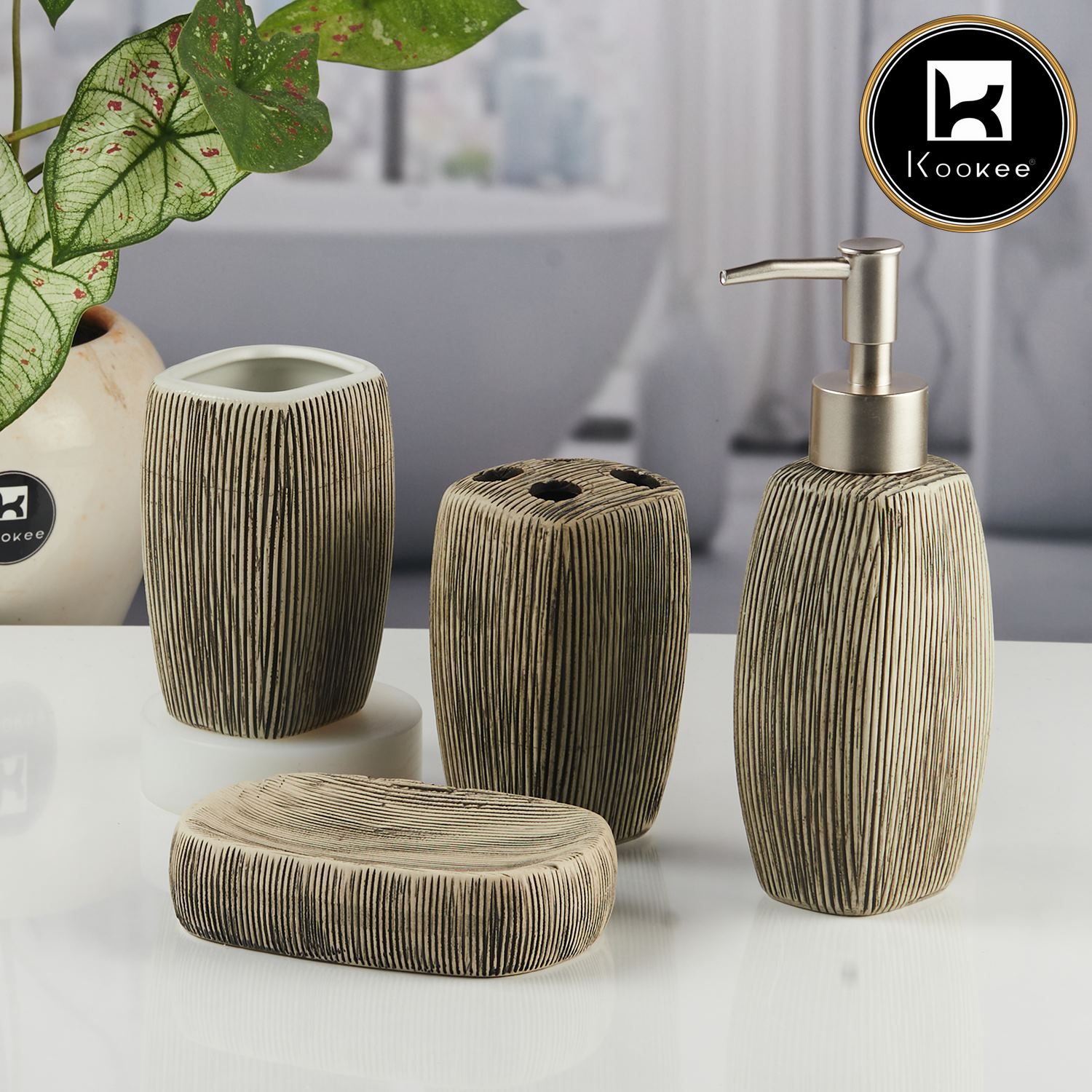 Ceramic Bathroom Accessories Set of 4 with Soap Dispenser (11522)