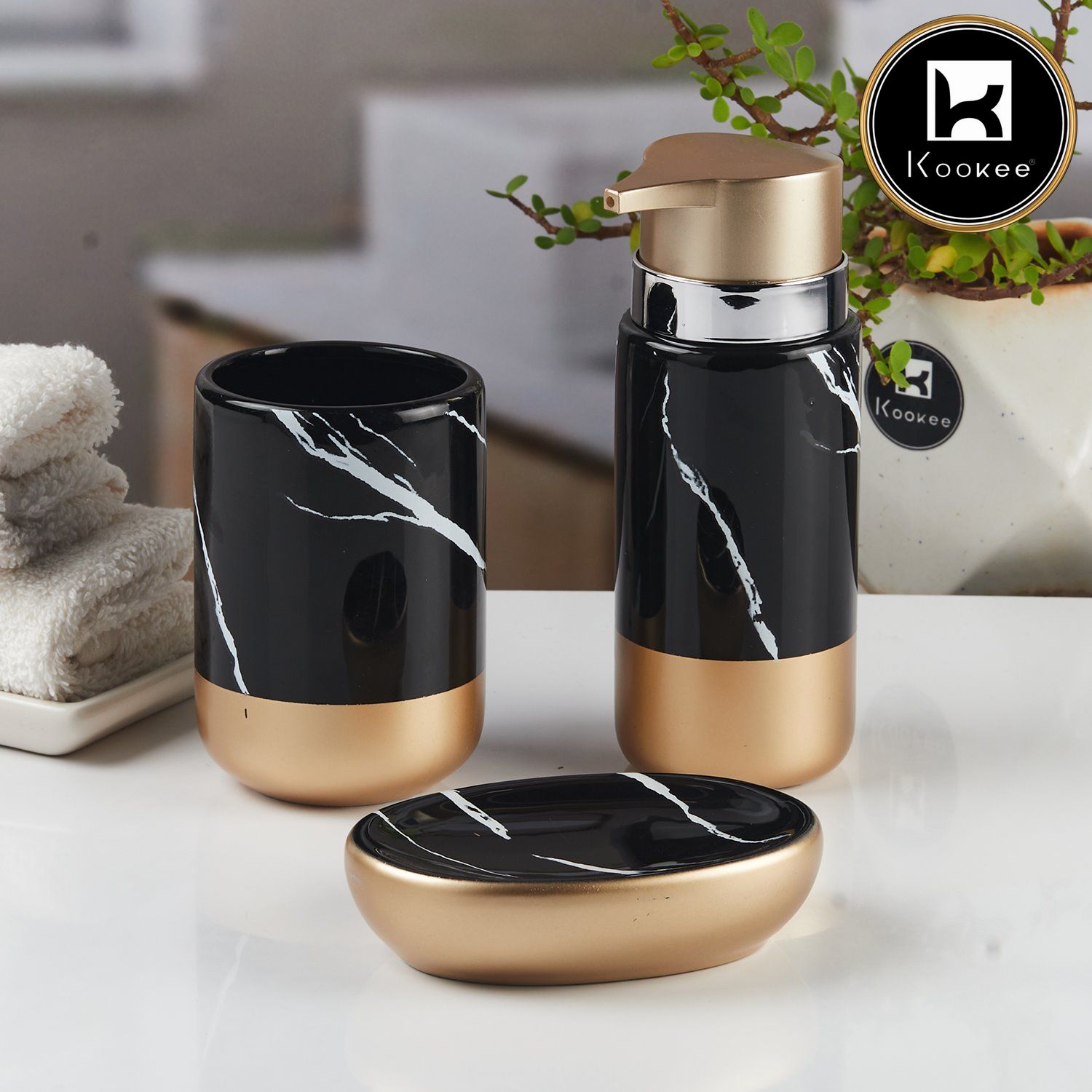 Ceramic Bathroom Accessories Set of 3 with Soap Dispenser (11524)