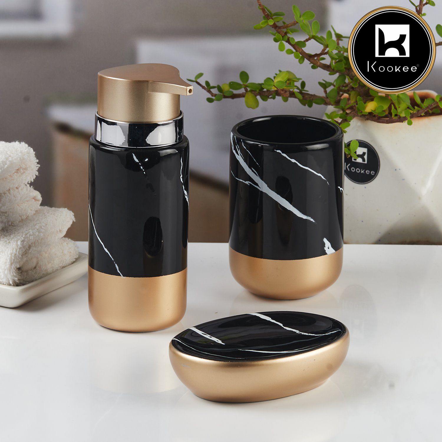 Ceramic Bathroom Accessories Set of 3 with Soap Dispenser (V-CBS-118-3)
