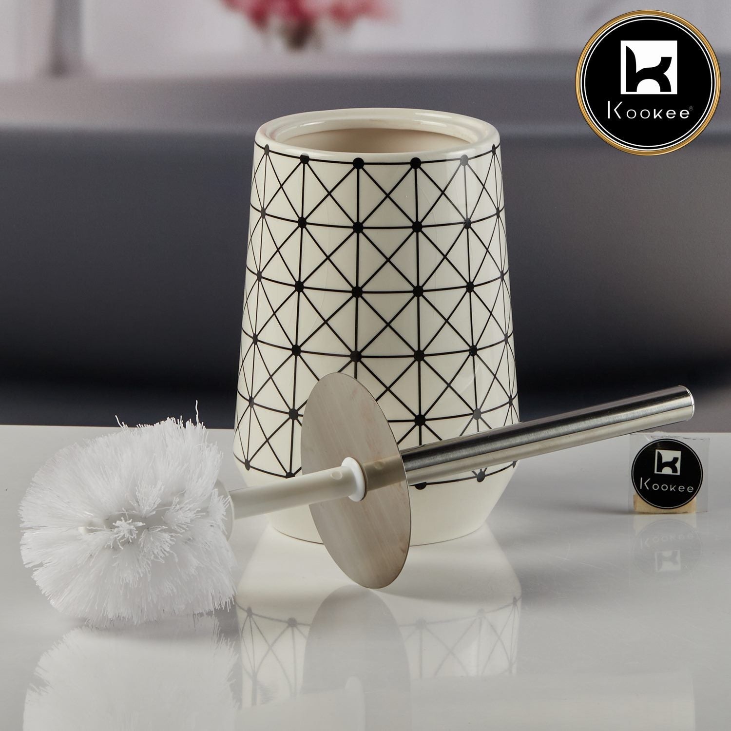 Ceramic Toilet Cleaner Brush with Holder Stand for Bathroom, White (11529)