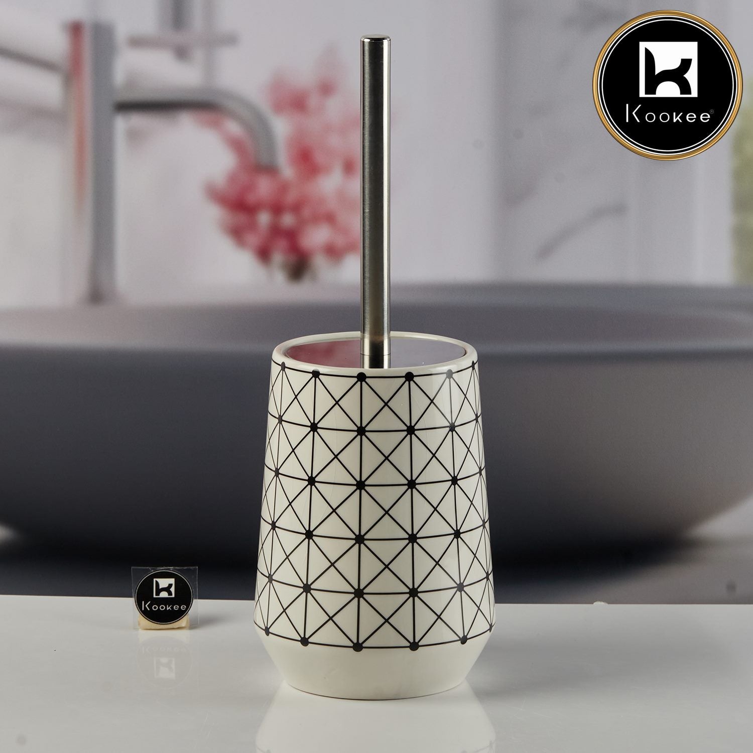 Kookee Ceramic Toilet Cleaner Brush with Holder Stand for Bathroom, Commode, Washroom, Toilet Cleaning Brush, White