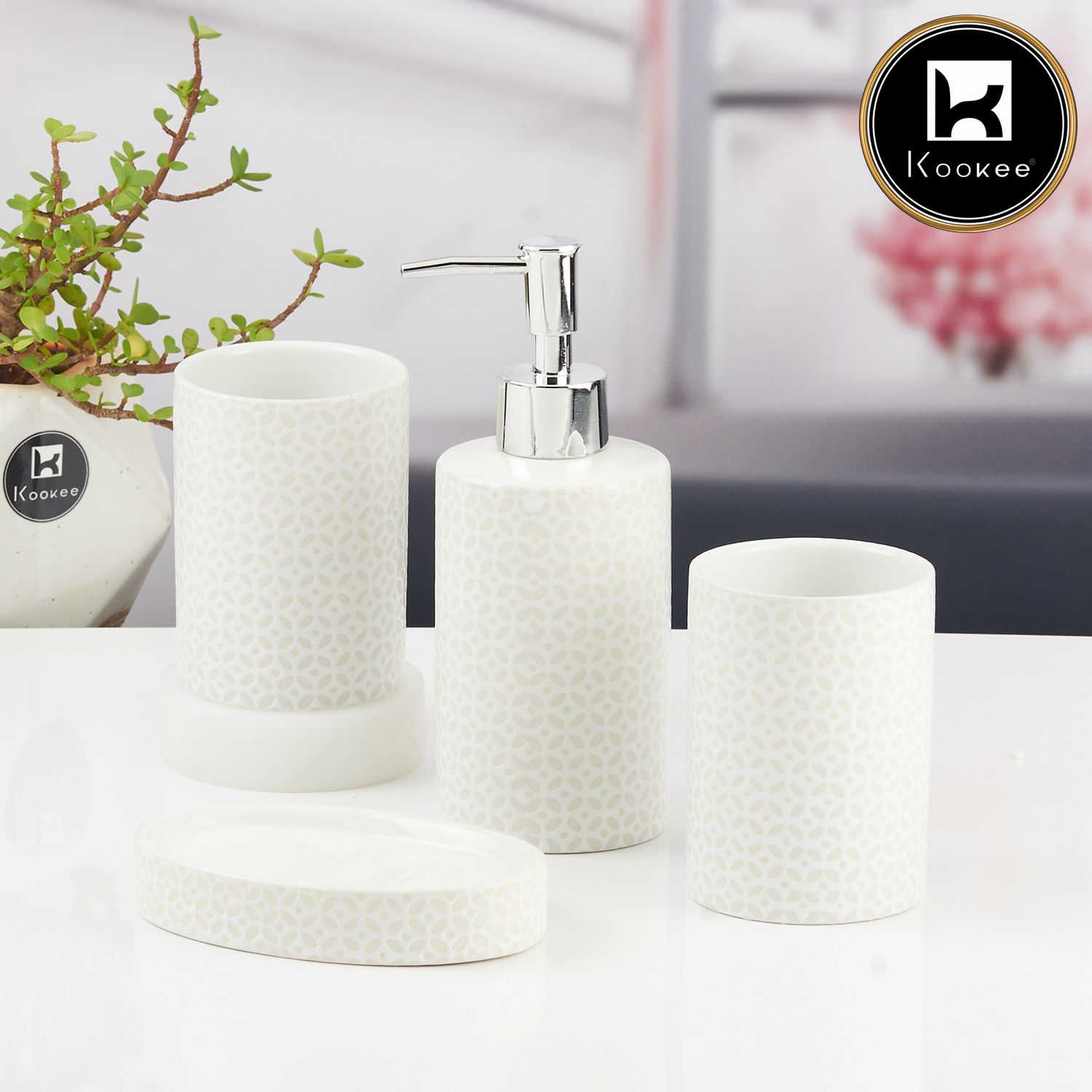 Ceramic Bathroom Accessories Set of 4 with Soap Dispenser (11531)