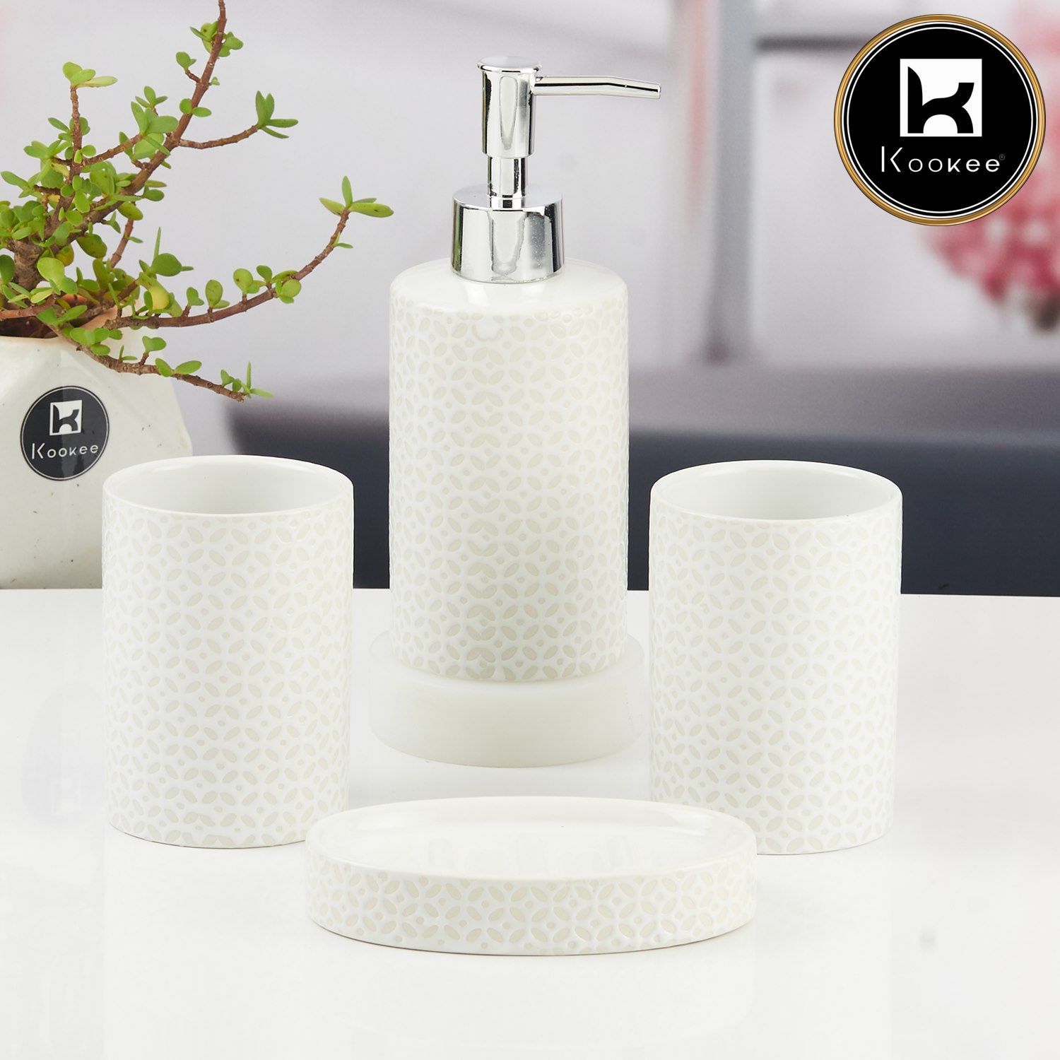 Ceramic Bathroom Accessories Set of 4 with Soap Dispenser (11531)