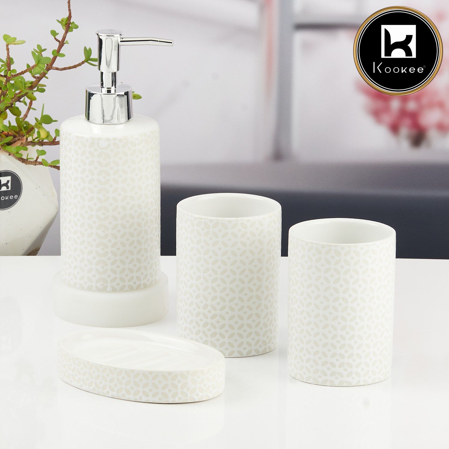 Kookee Ceramic Bathroom Accessories Set of 4 with Soap Dispenser (11531)