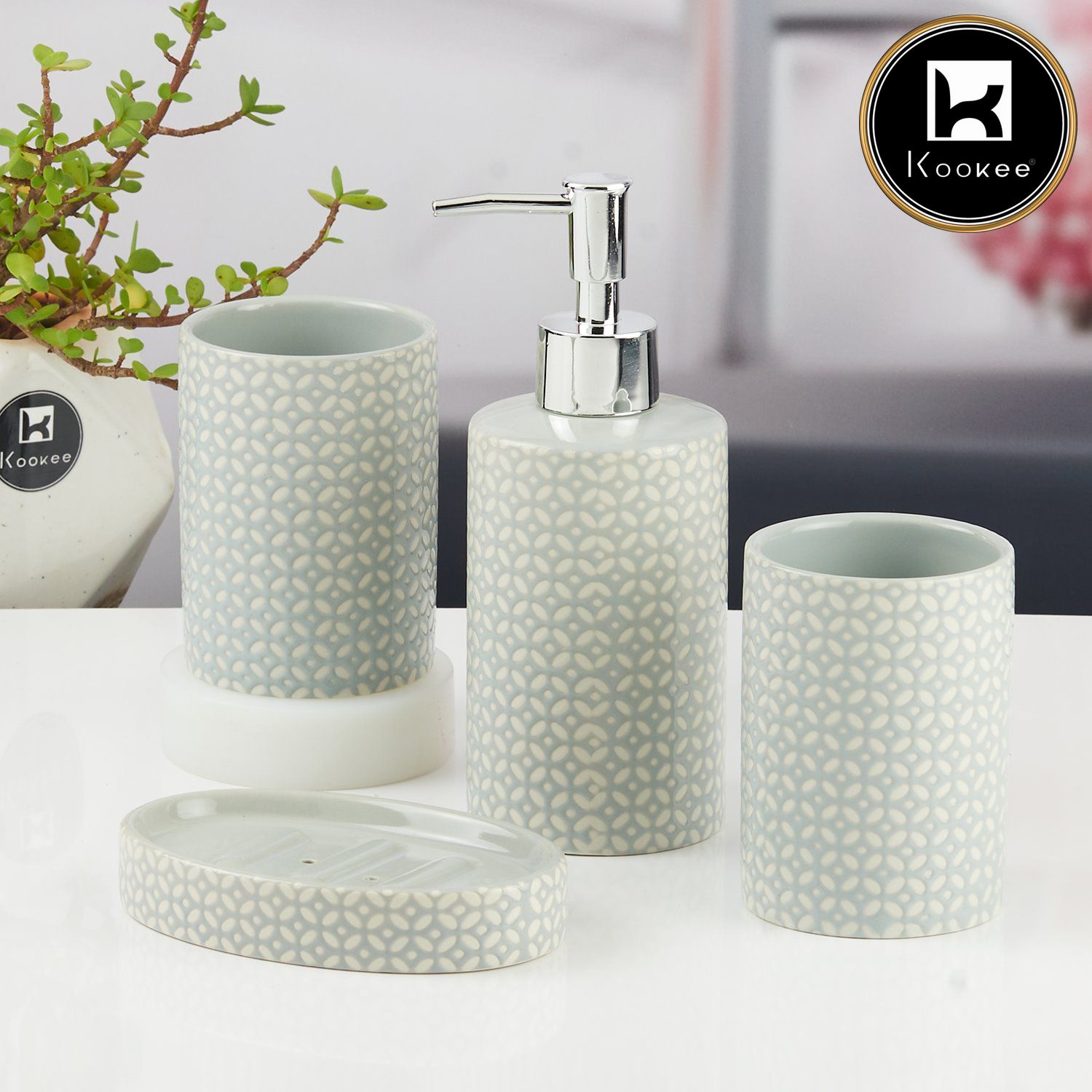 Ceramic Bathroom Accessories Set of 4 with Soap Dispenser (11532)