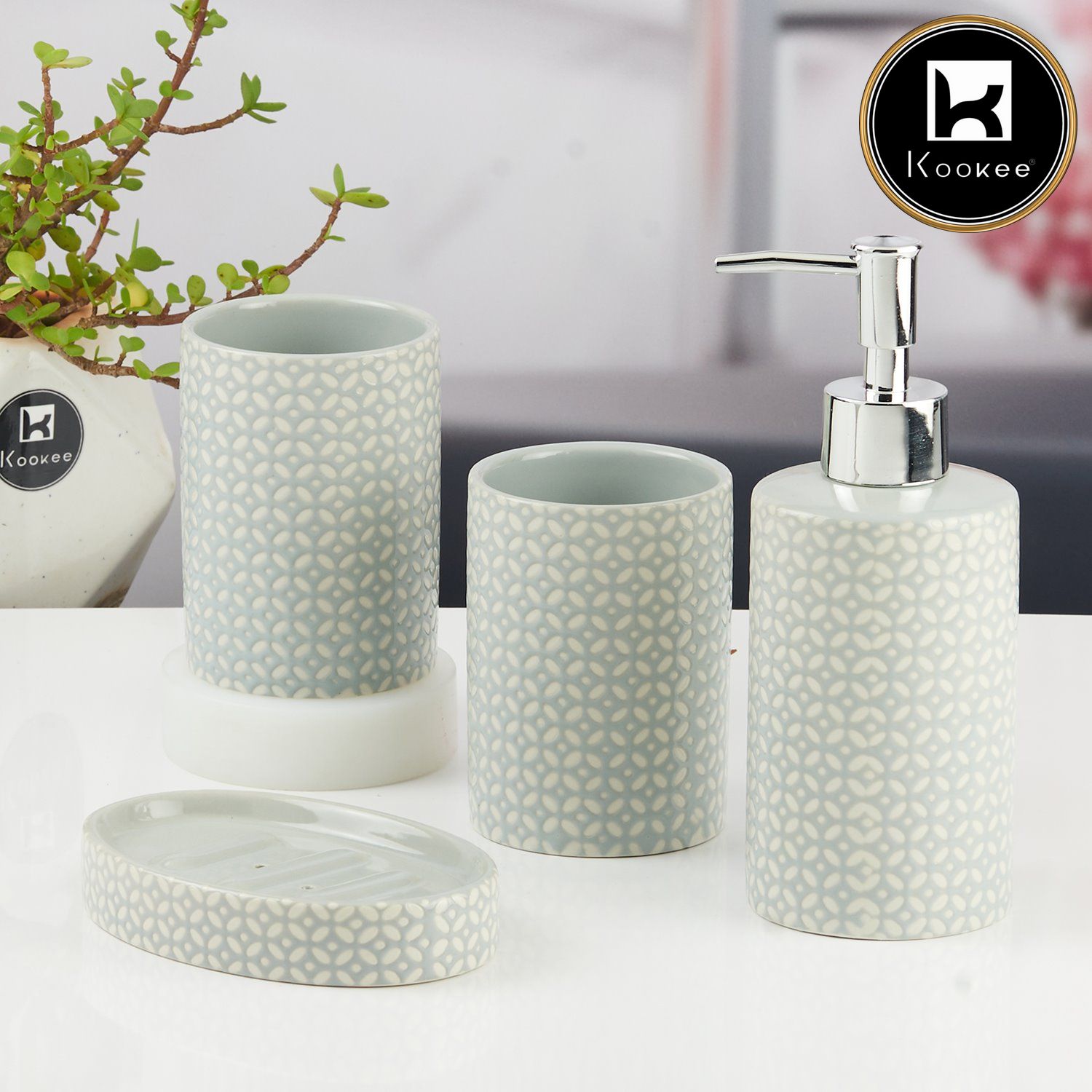 Ceramic Bathroom Accessories Set of 4 with Soap Dispenser (11532)