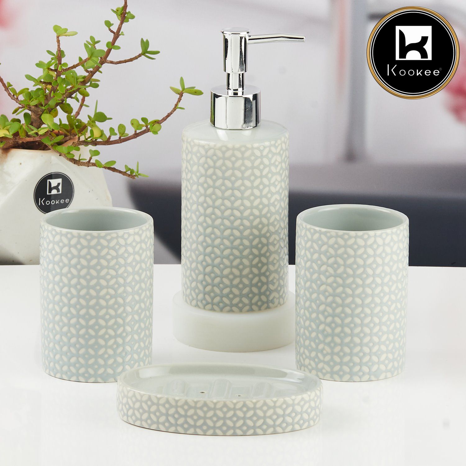 Ceramic Bathroom Accessories Set of 4 with Soap Dispenser (11532)