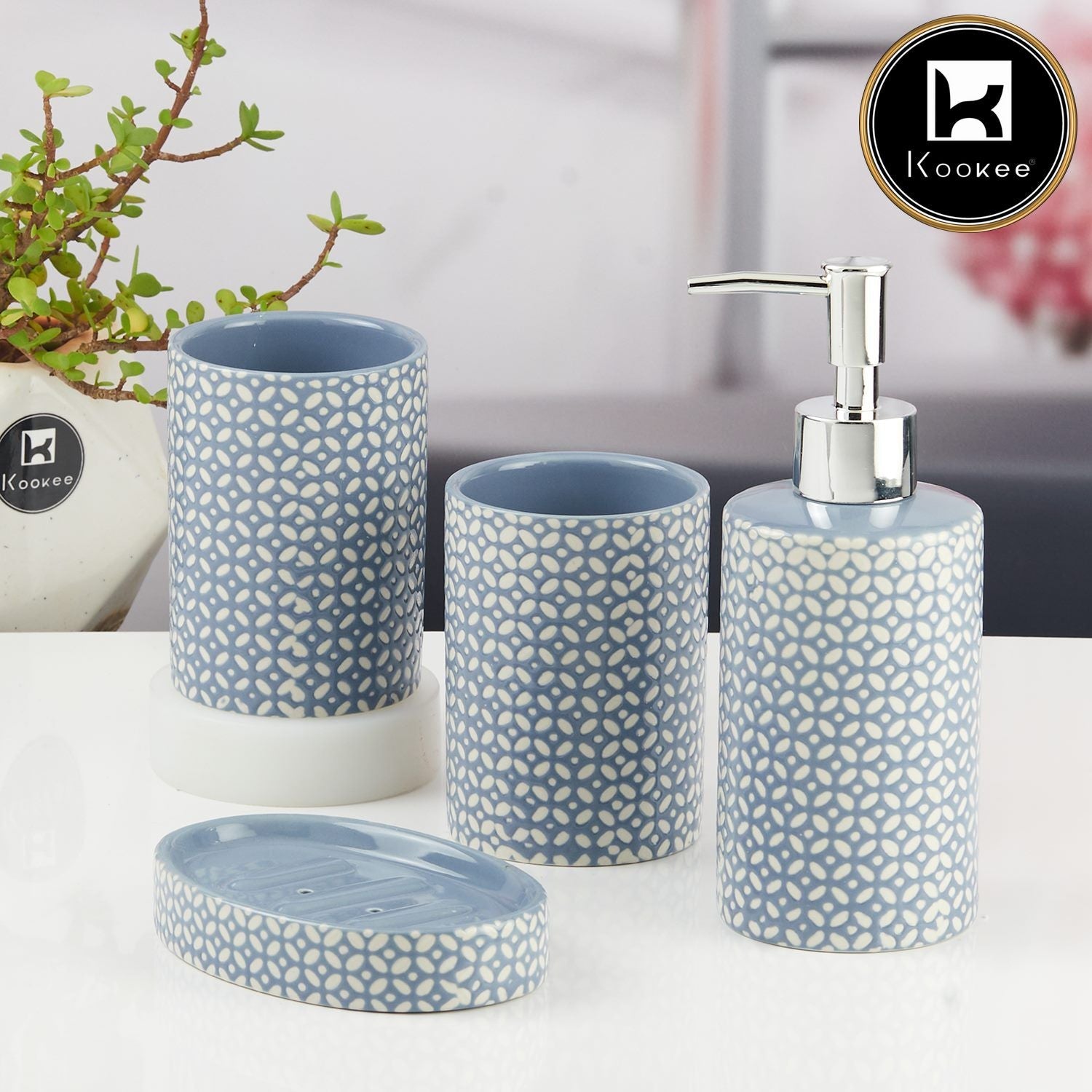 Ceramic Bathroom Accessories Set of 4 with Soap Dispenser (11533)