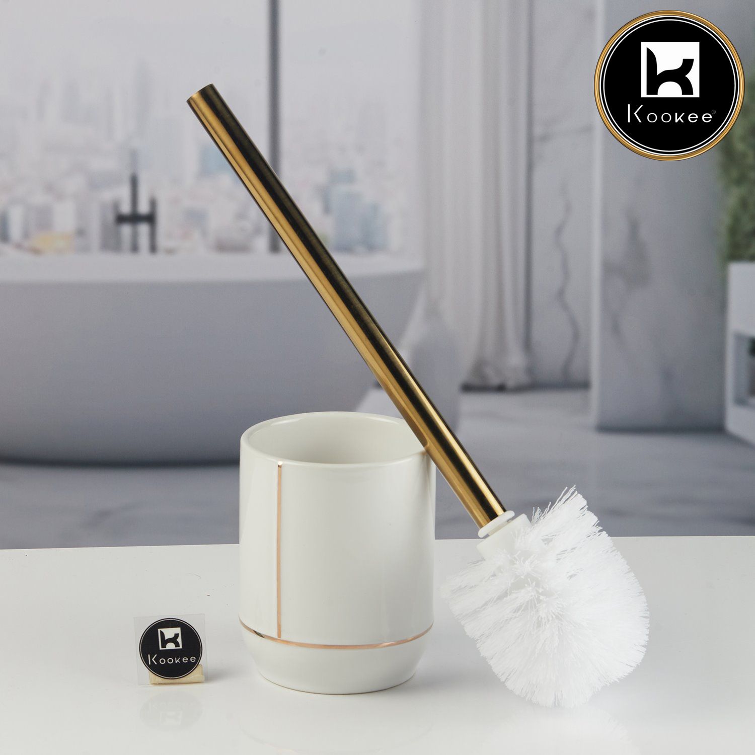 Ceramic Toilet Cleaner Brush with Holder Stand for Bathroom, White (11534)