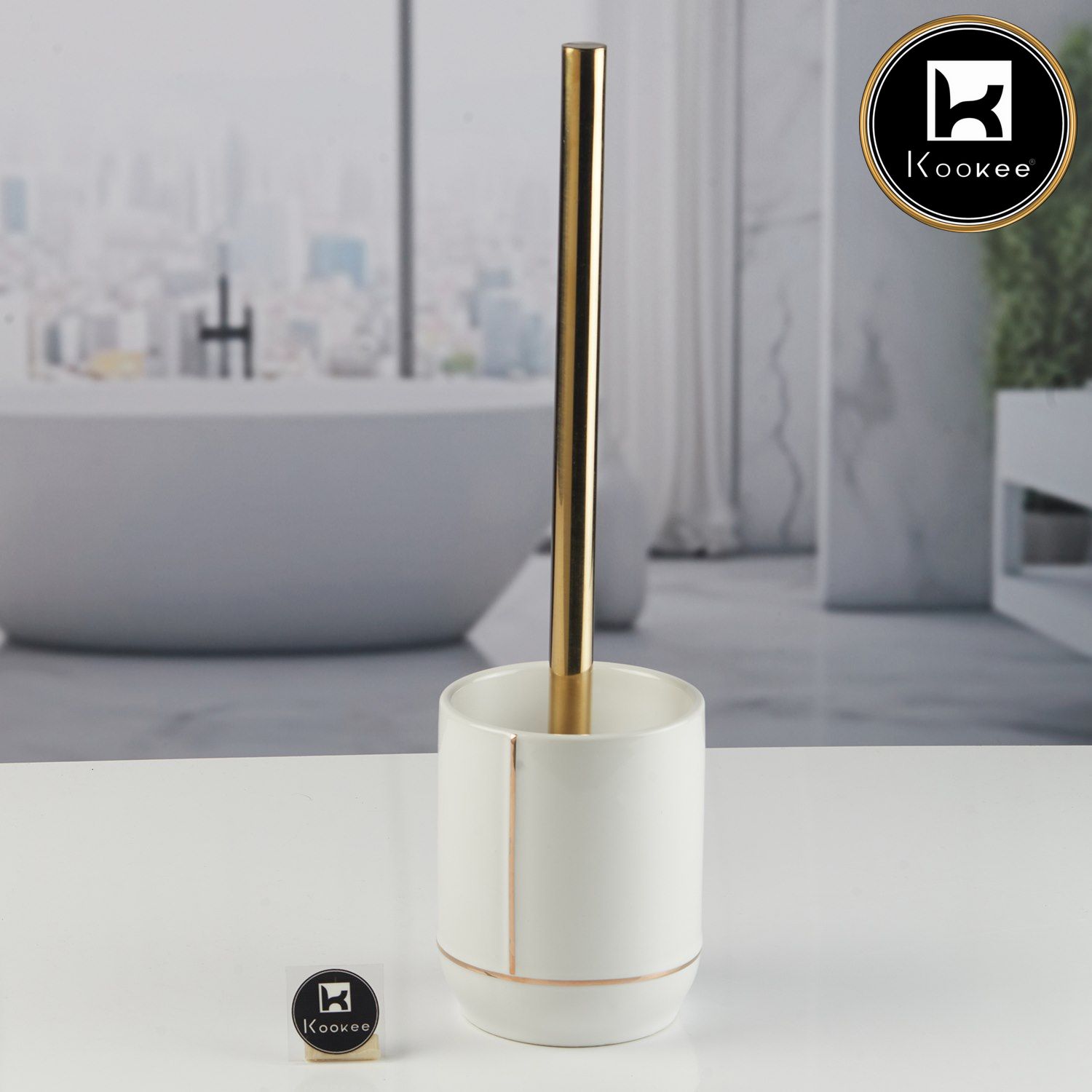 Ceramic Toilet Cleaner Brush with Holder Stand for Bathroom, White (11534)