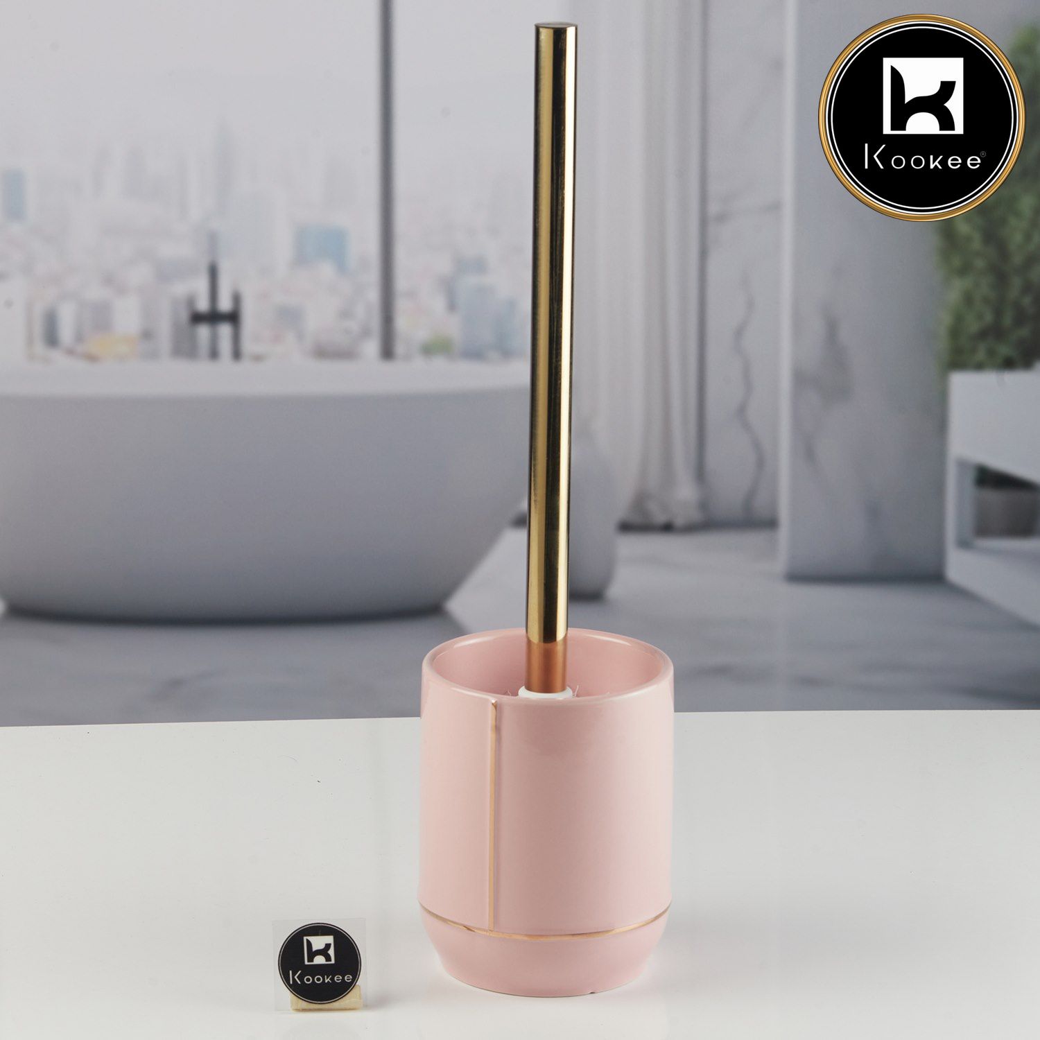 Ceramic Toilet Cleaner Brush with Holder Stand for Bathroom, Pink (11536)