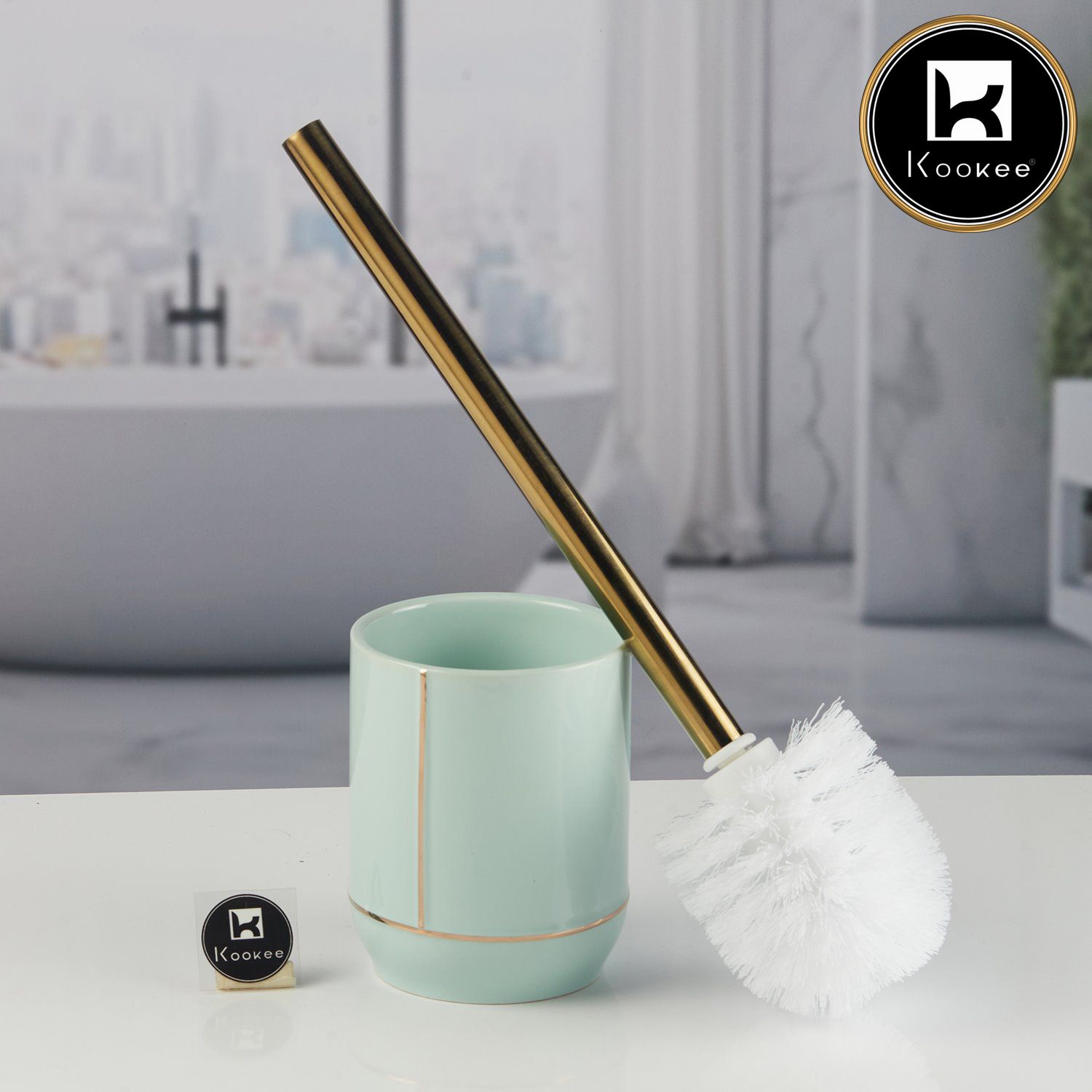 Ceramic Toilet Cleaner Brush with Holder Stand for Bathroom, Blue (V-CTB-004-1)