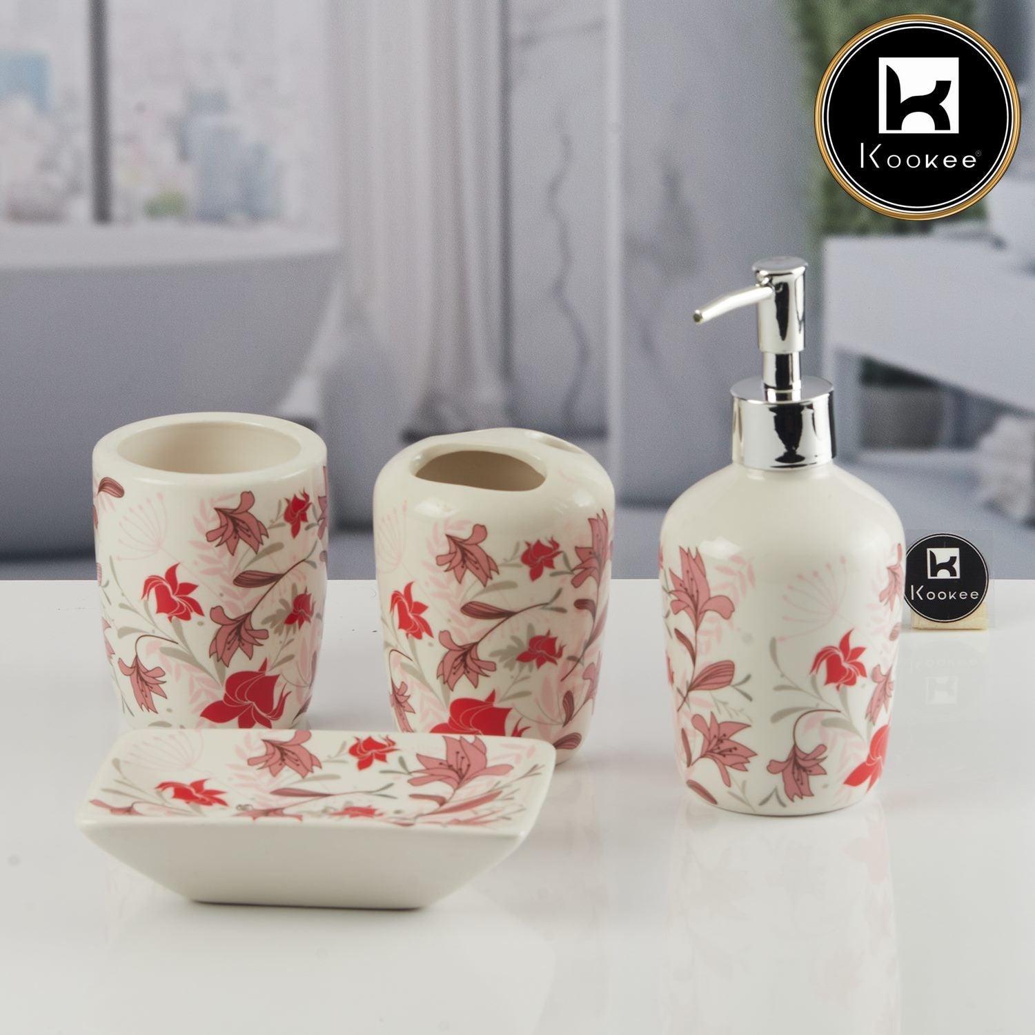 Ceramic Bathroom Accessories Set of 4 with Soap Dispenser (11538)