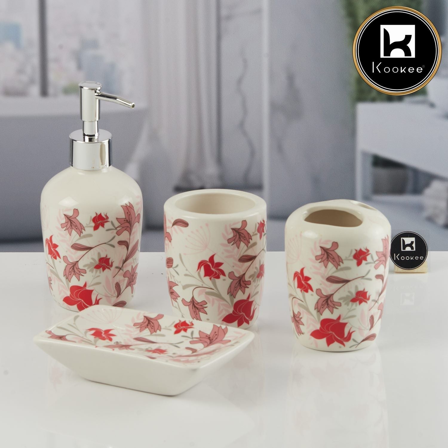 Kookee Ceramic Bathroom Accessories Set of 4, Modern Bath Set with Liquid handwash Soap Dispenser and Toothbrush holder, Luxury Gift Accessory for Home