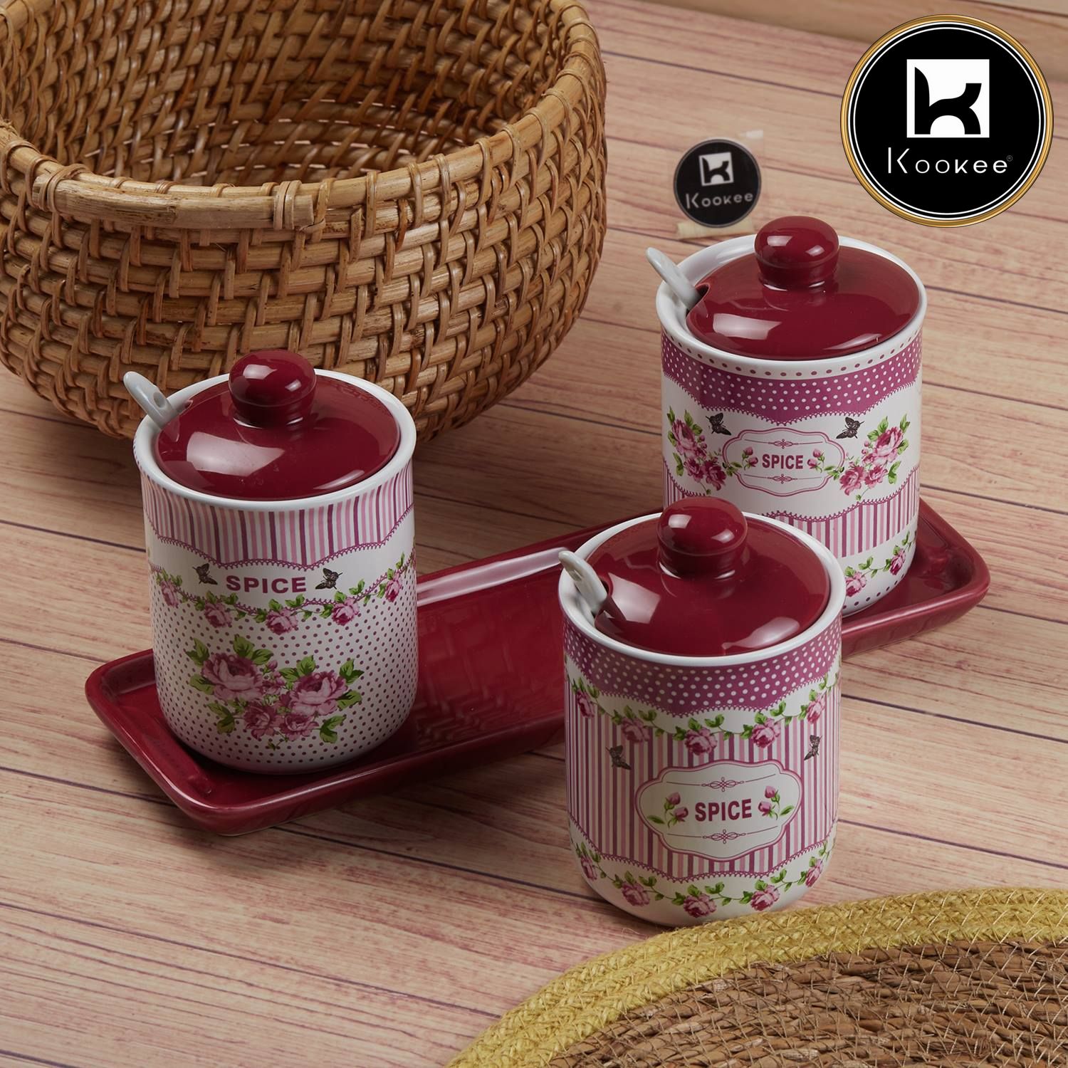 Ceramic Condiment Jars and Containers Set of 3, Red (11543)