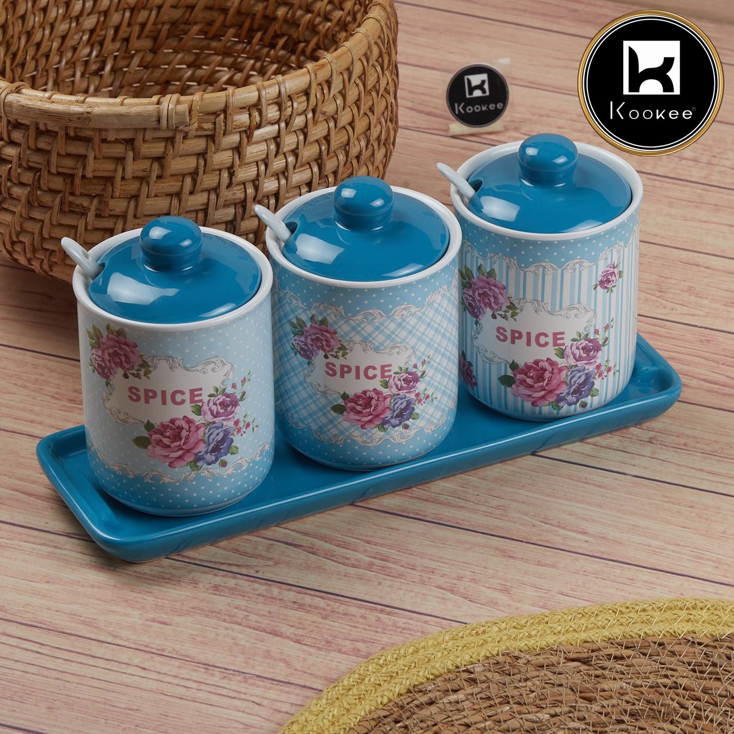 Kookee Ceramic Condiment Jars and Containers Set of 3, Blue (11544)
