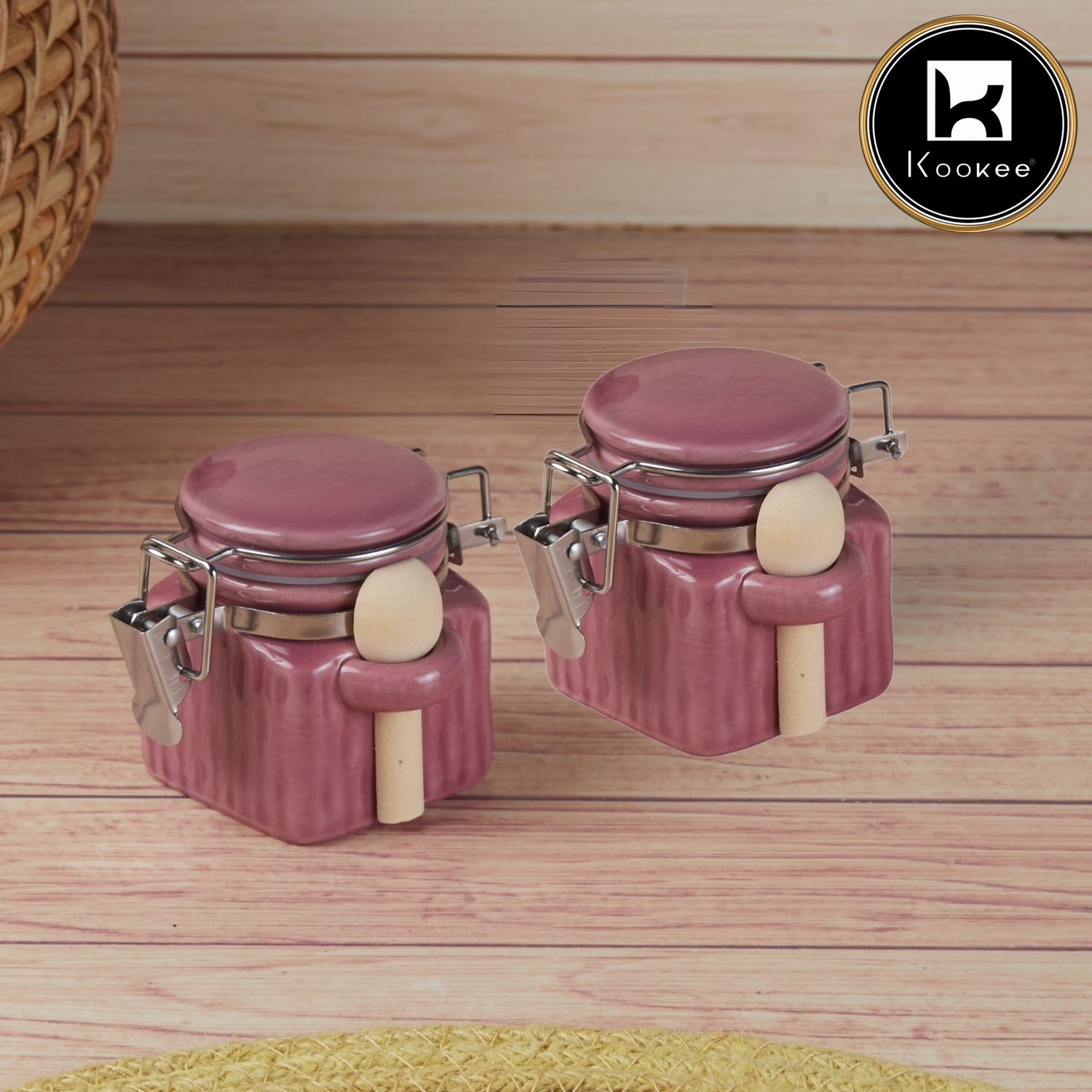 Kookee Ceramic Airtight Mini Canister Jar and Container for Kitchen (Pack of 2) (11545)