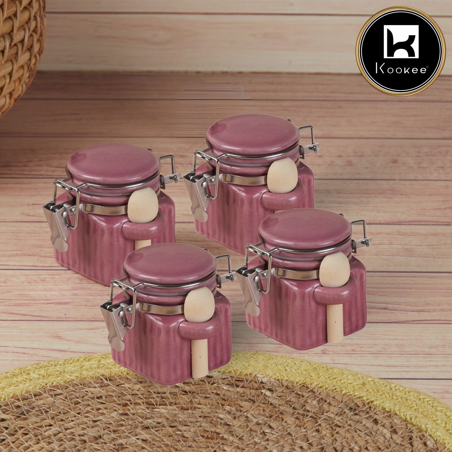 Kookee Ceramic Airtight Mini Canister Jar and Container for Kitchen (Pack of 4) (11546)