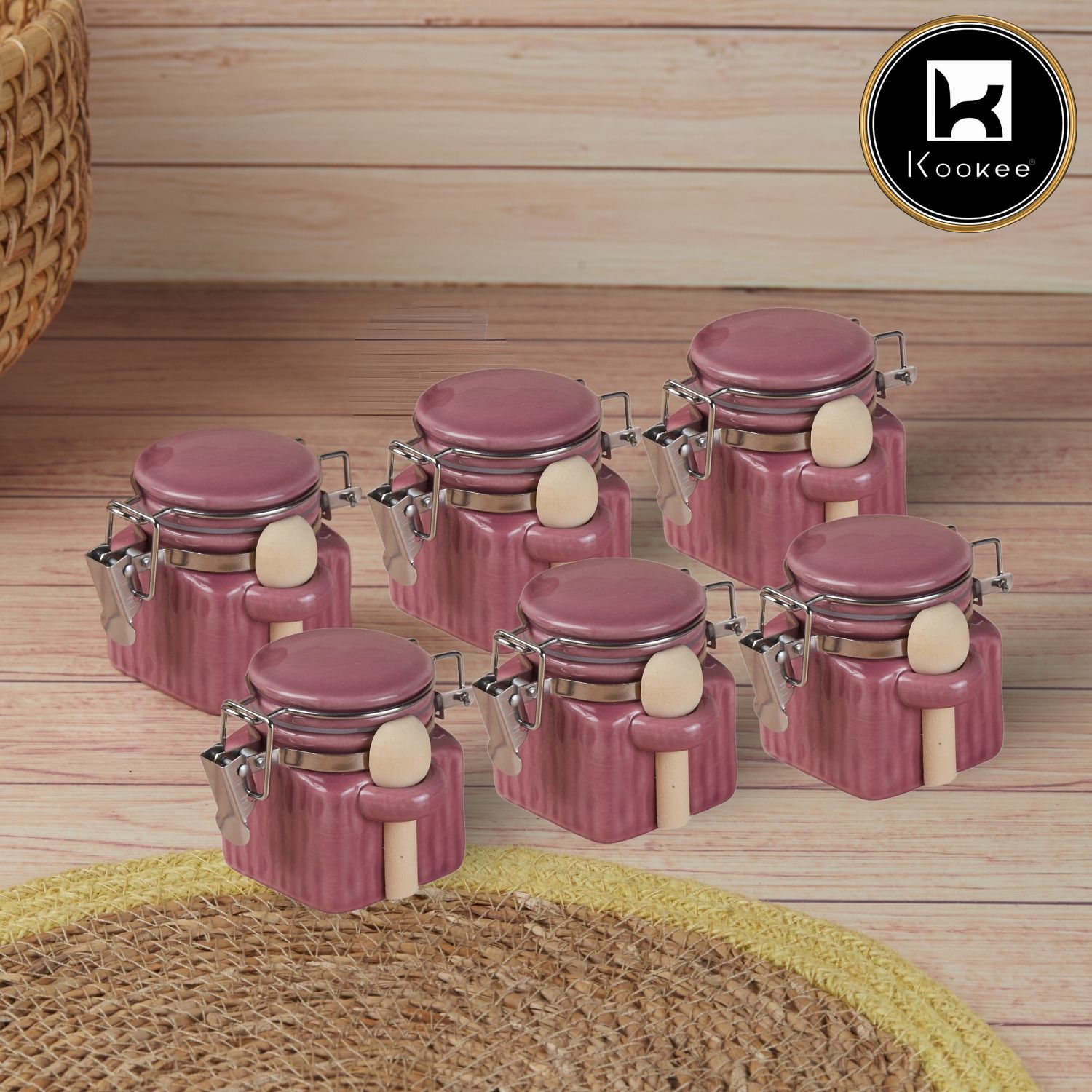 Kookee Ceramic Airtight Mini Canister Jar and Container for Kitchen (Pack of 6) (11547)