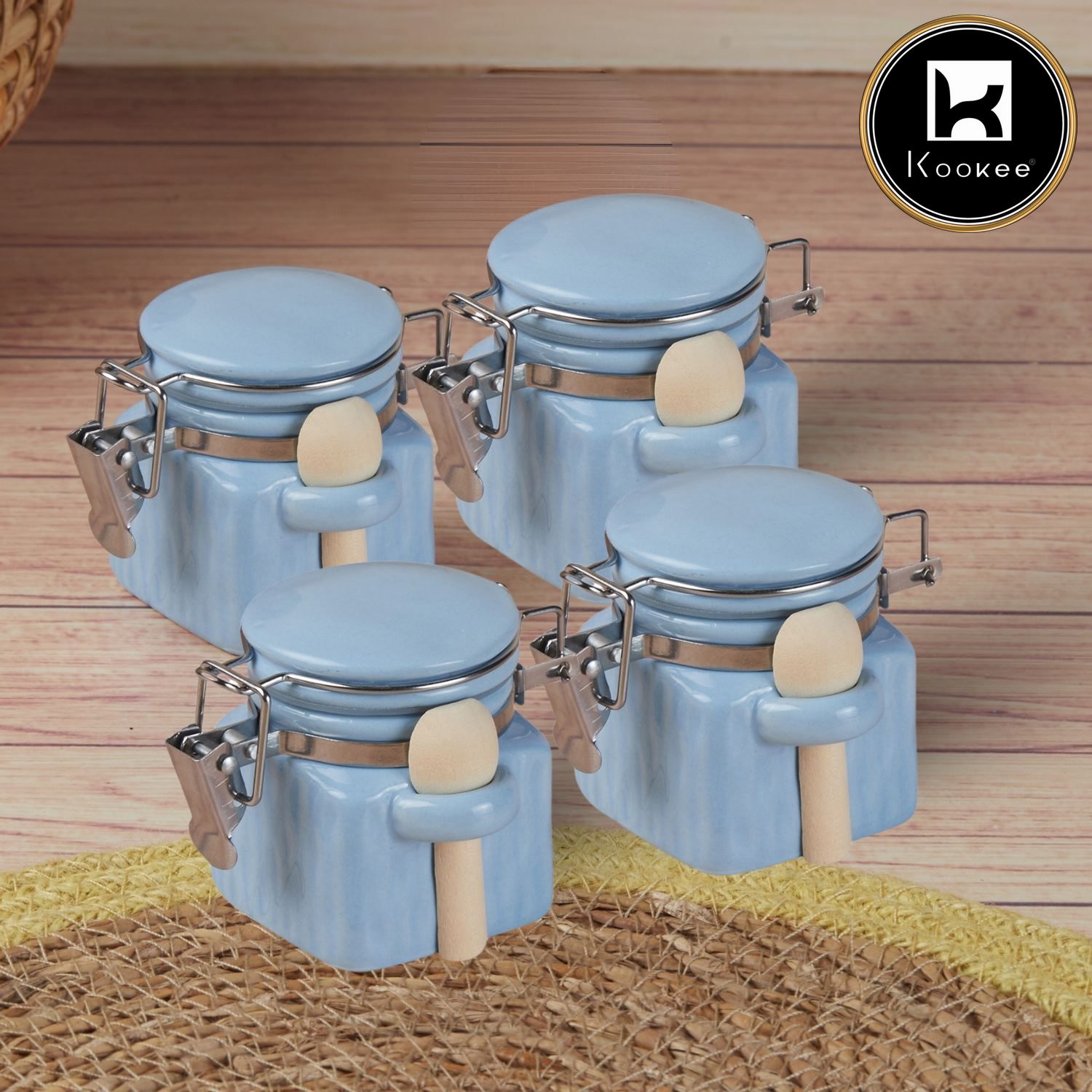 Kookee Ceramic Airtight Mini Canister Jar and Container for Kitchen (Pack of 4) (11549)