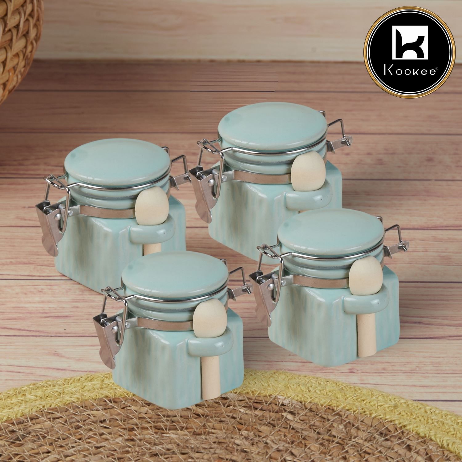 Kookee Ceramic Airtight Mini Canister Jar and Container for Kitchen (Pack of 4) (11556)