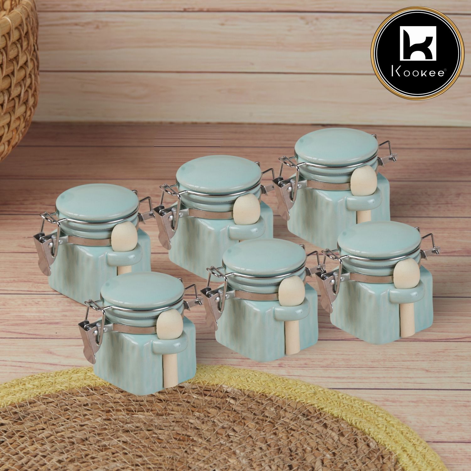 Kookee Ceramic Airtight Mini Canister Jar and Container for Kitchen (Pack of 6) (11557)