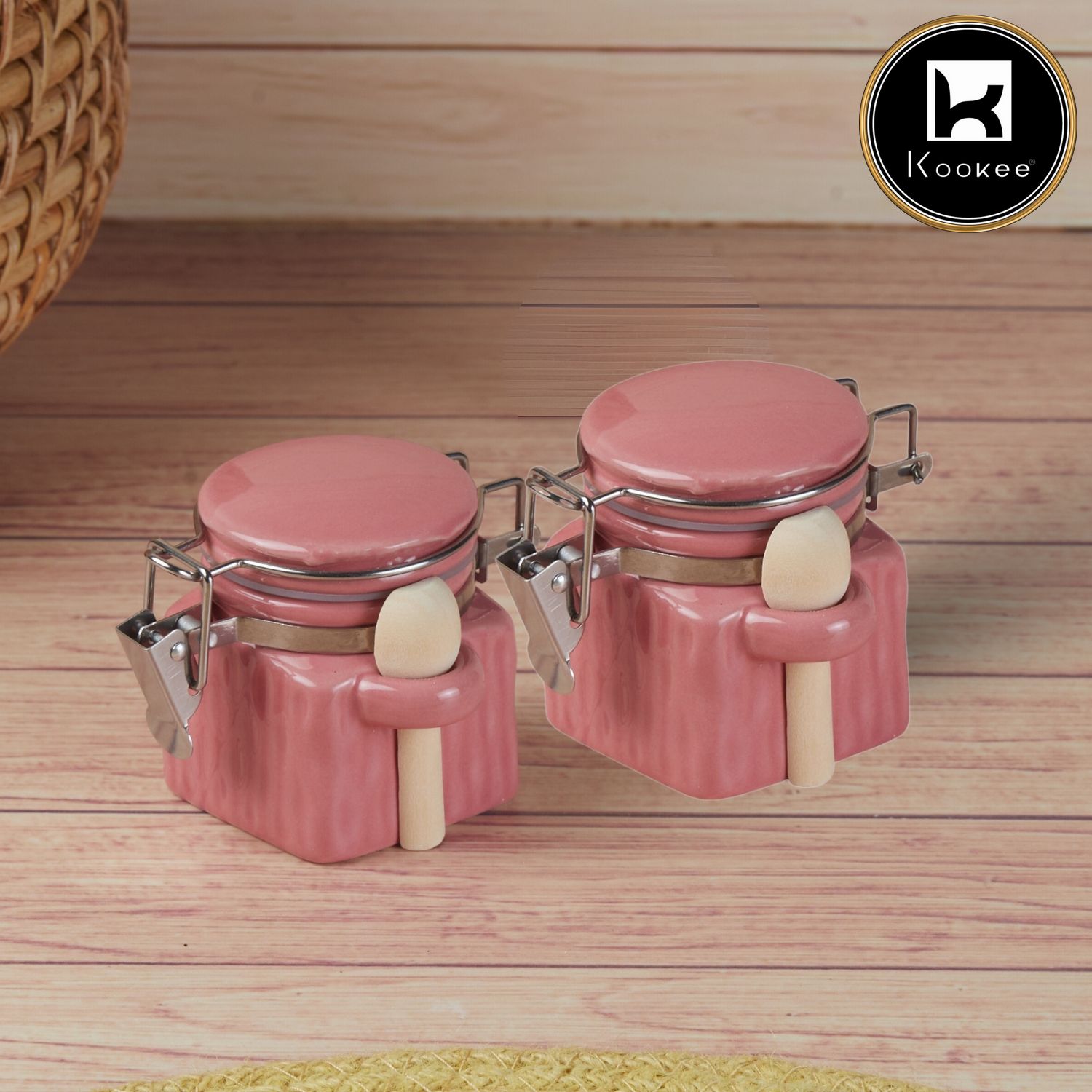 Kookee Ceramic Airtight Mini Canister Jar and Container for Kitchen (Pack of 2) (11561)
