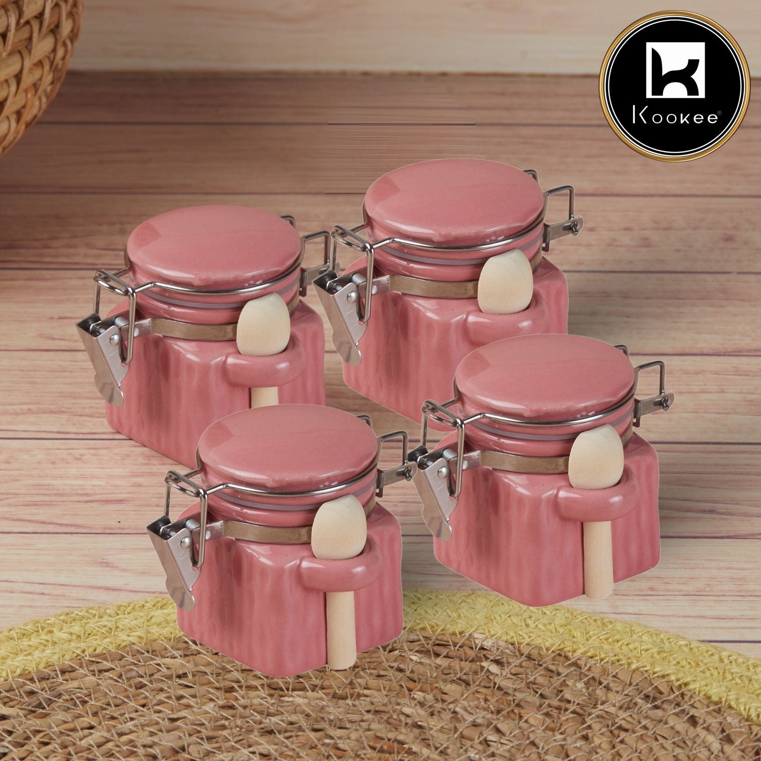 Kookee Ceramic Airtight Mini Canister Jar and Container for Kitchen (Pack of 4) (11562)