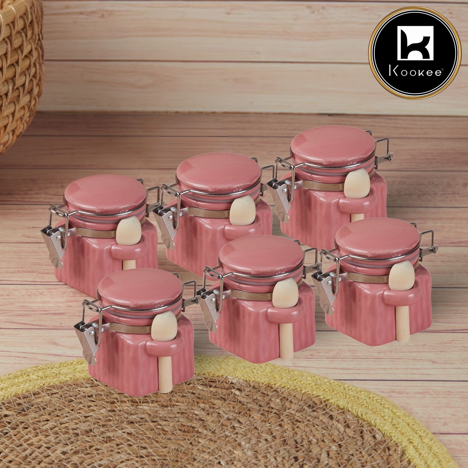 Kookee Ceramic Airtight Mini Canister Jar and Container for Kitchen (Pack of 6) (11563)