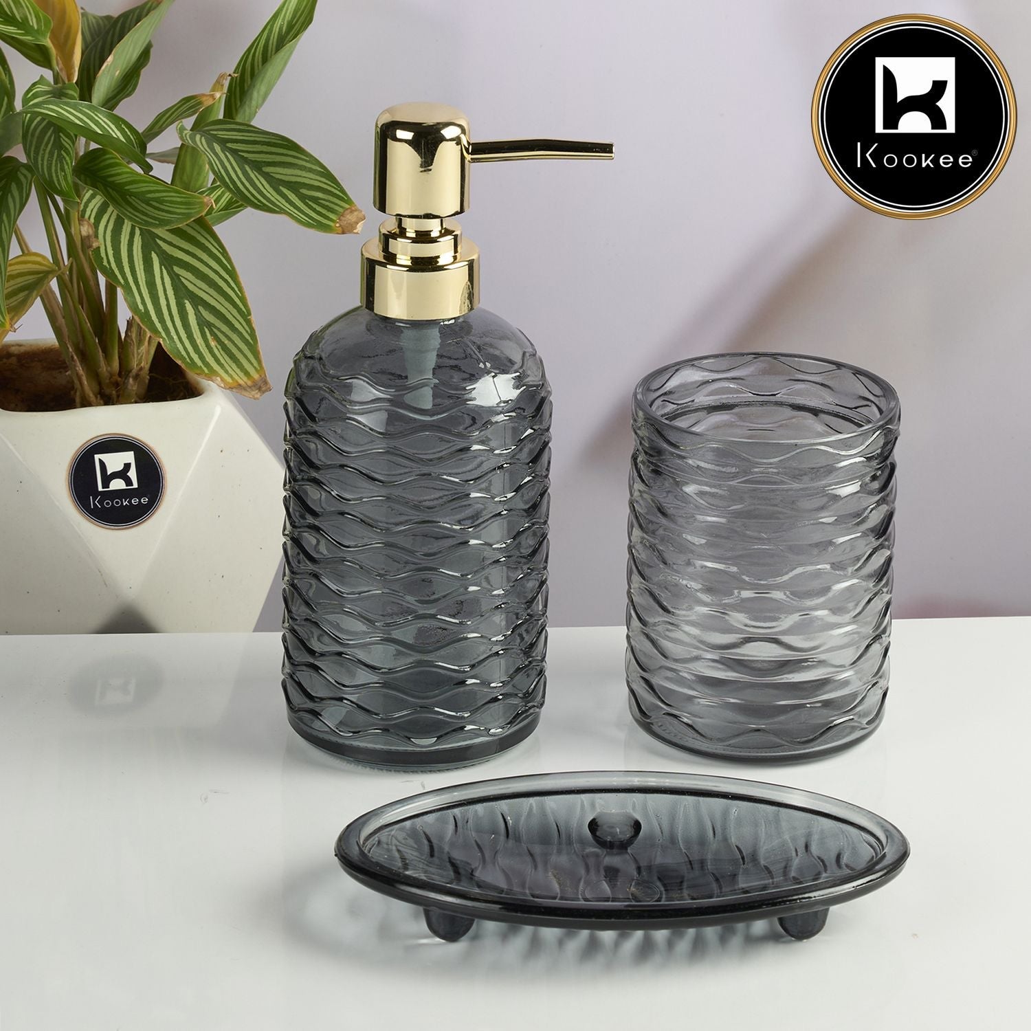 Glass Bathroom Accessories Set of 3 with Soap Dispenser, Grey (11564)