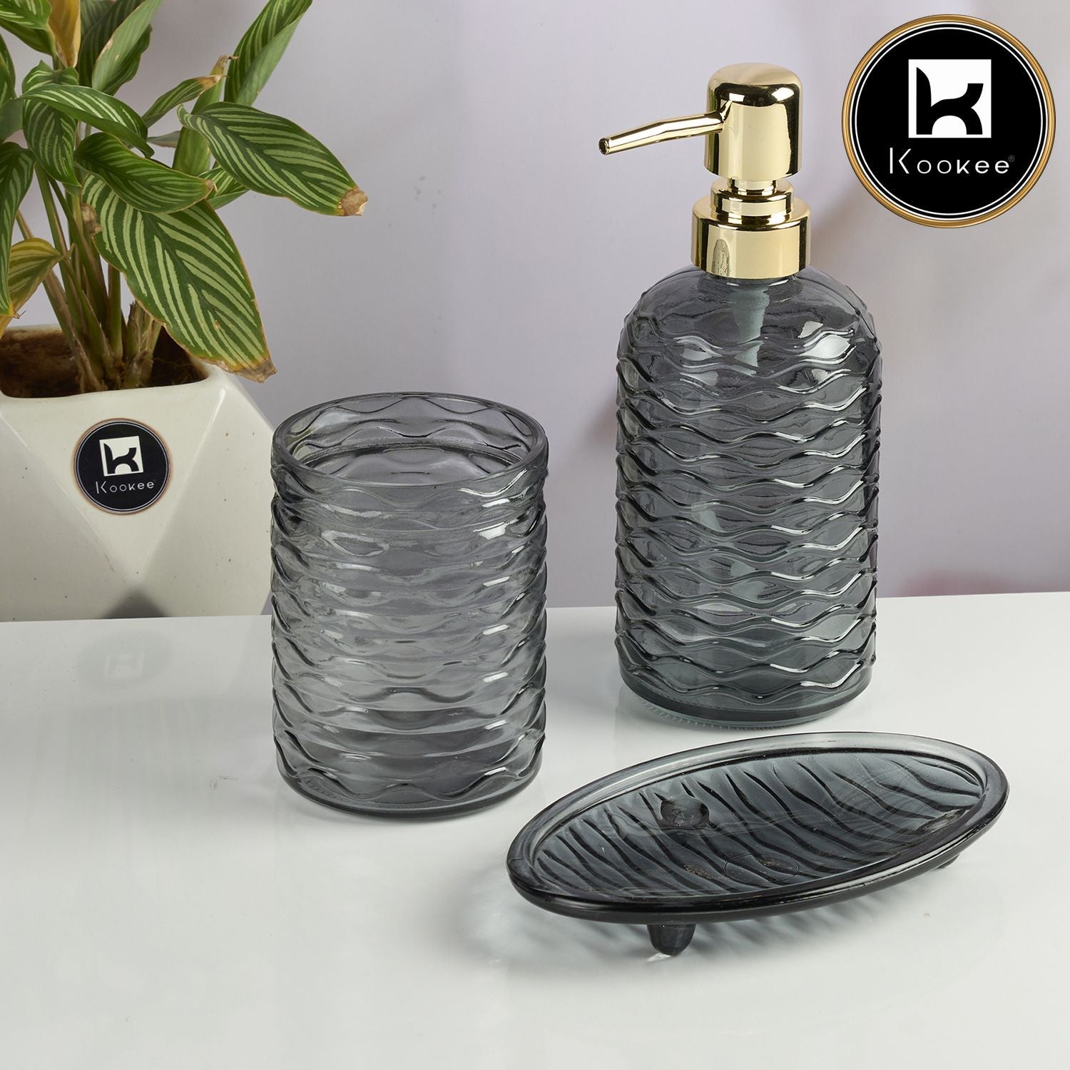 Glass Bathroom Accessories Set of 3 with Soap Dispenser, Grey (11564)
