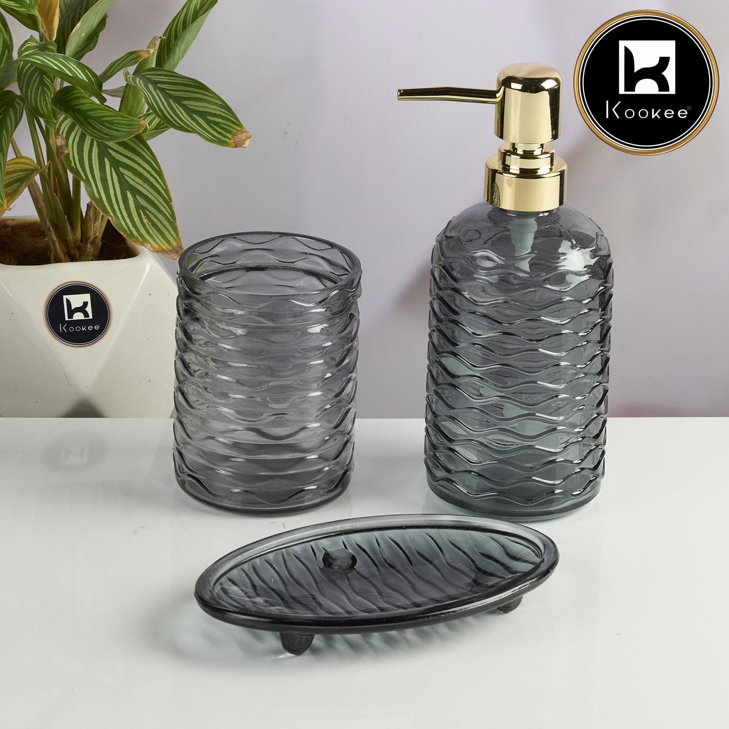 Glass Bathroom Accessories Set of 3 with Soap Dispenser, Grey (11564)