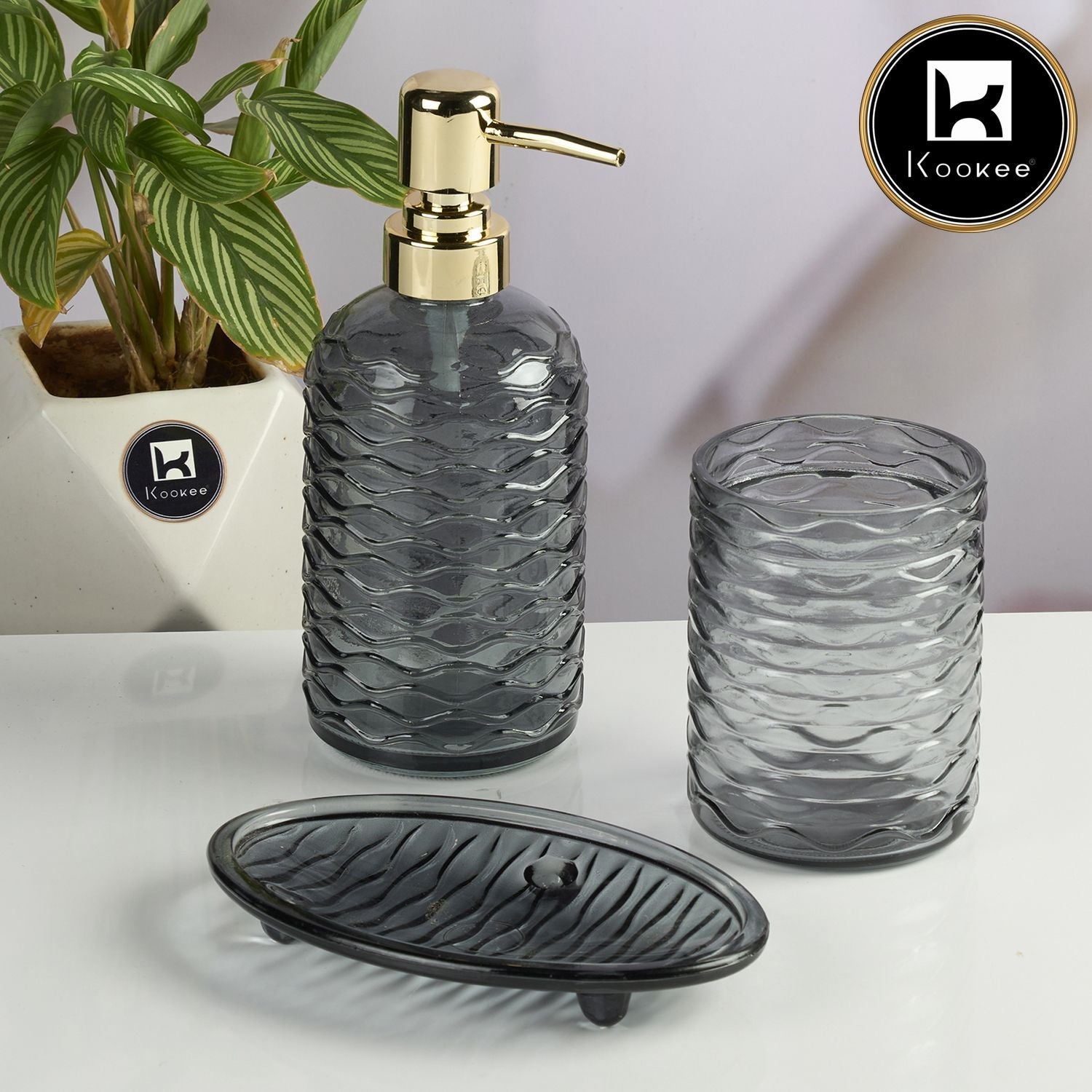 Kookee Glass Bathroom Accessories Set of 3 with Soap Dispenser, Grey (11564)
