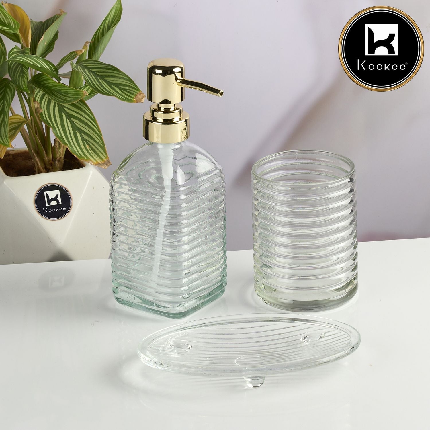 Glass Bathroom Accessories Set of 3 with Soap Dispenser, Transparent (11565)