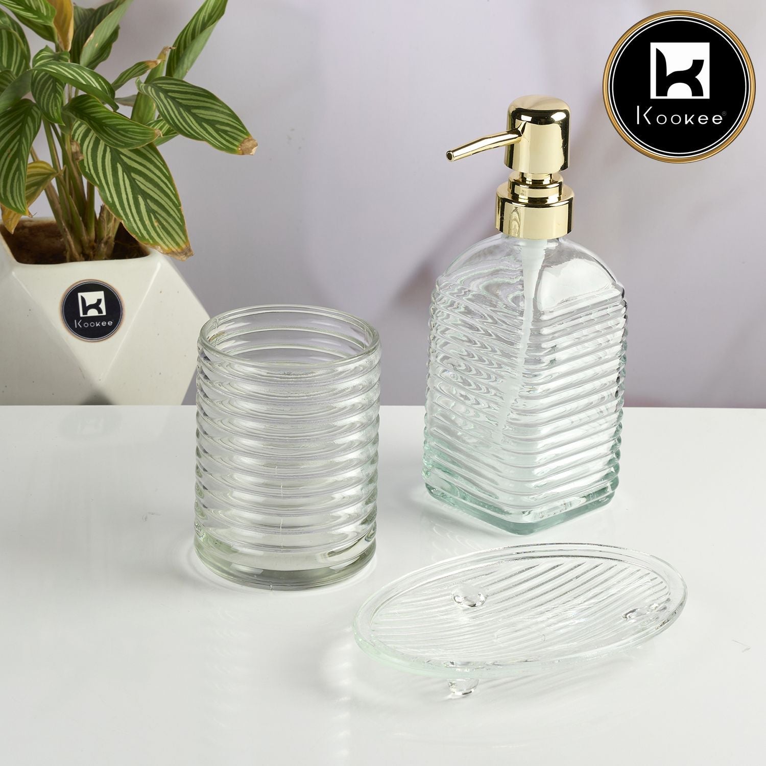 Glass Bathroom Accessories Set of 3 with Soap Dispenser, Transparent (11565)