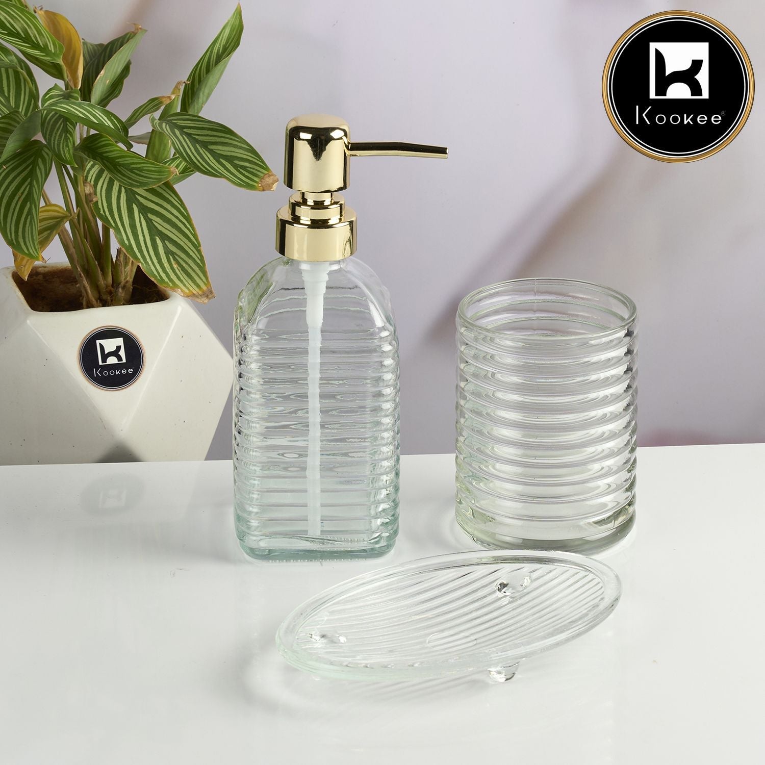 Glass Bathroom Accessories Set of 3 with Soap Dispenser, Transparent (11565)