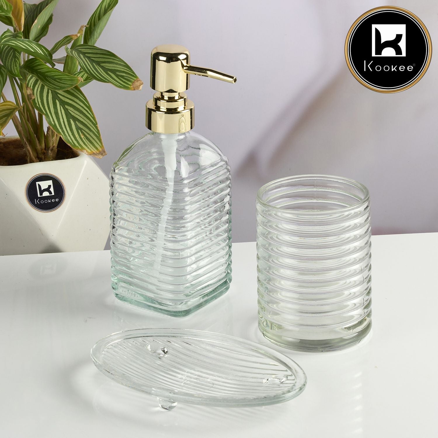 Kookee Glass Bathroom Accessories Set of 3 with Soap Dispenser, Transparent (11565)