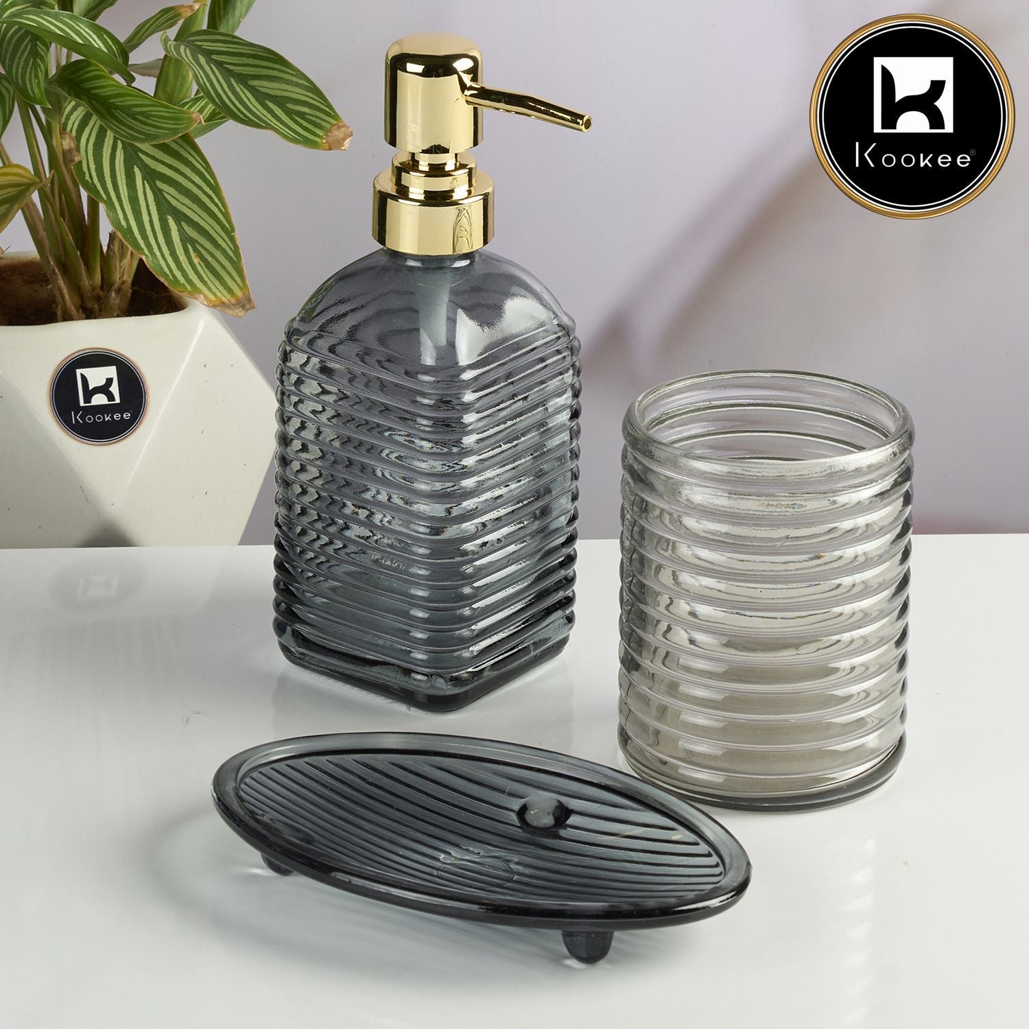 Kookee Glass Bathroom Accessories Set of 3 with Soap Dispenser, Grey( 11566)