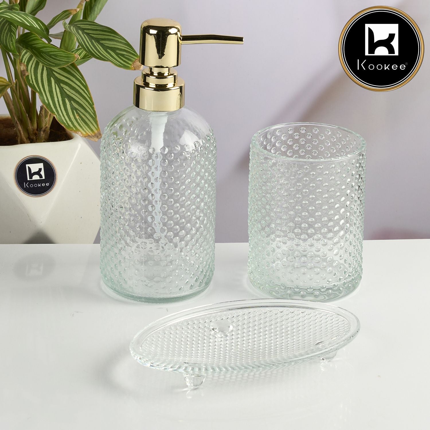 Glass Bathroom Accessories Set of 3 with Soap Dispenser, Transparent (11567)