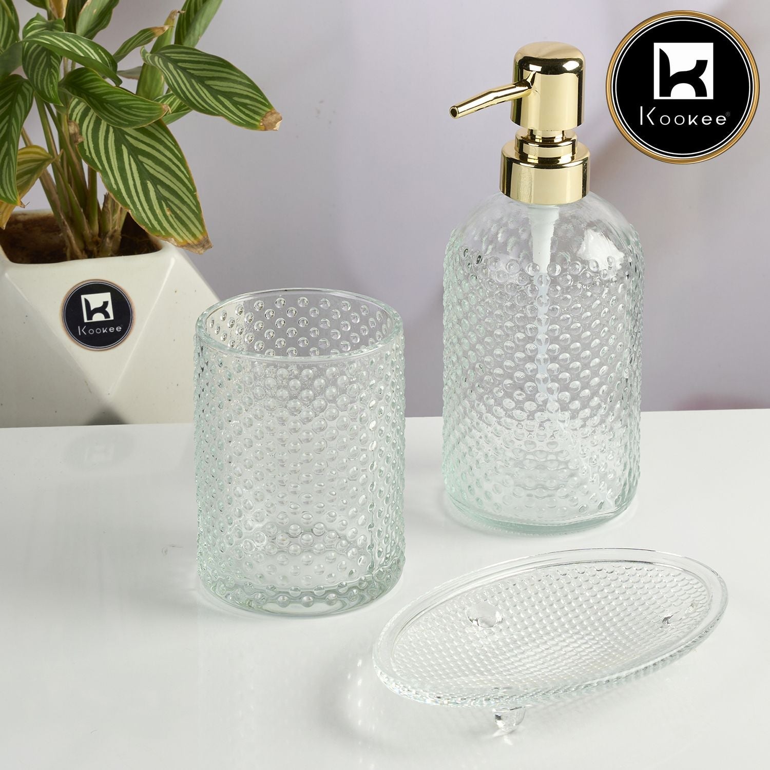 Glass Bathroom Accessories Set of 3 with Soap Dispenser, Transparent (11567)