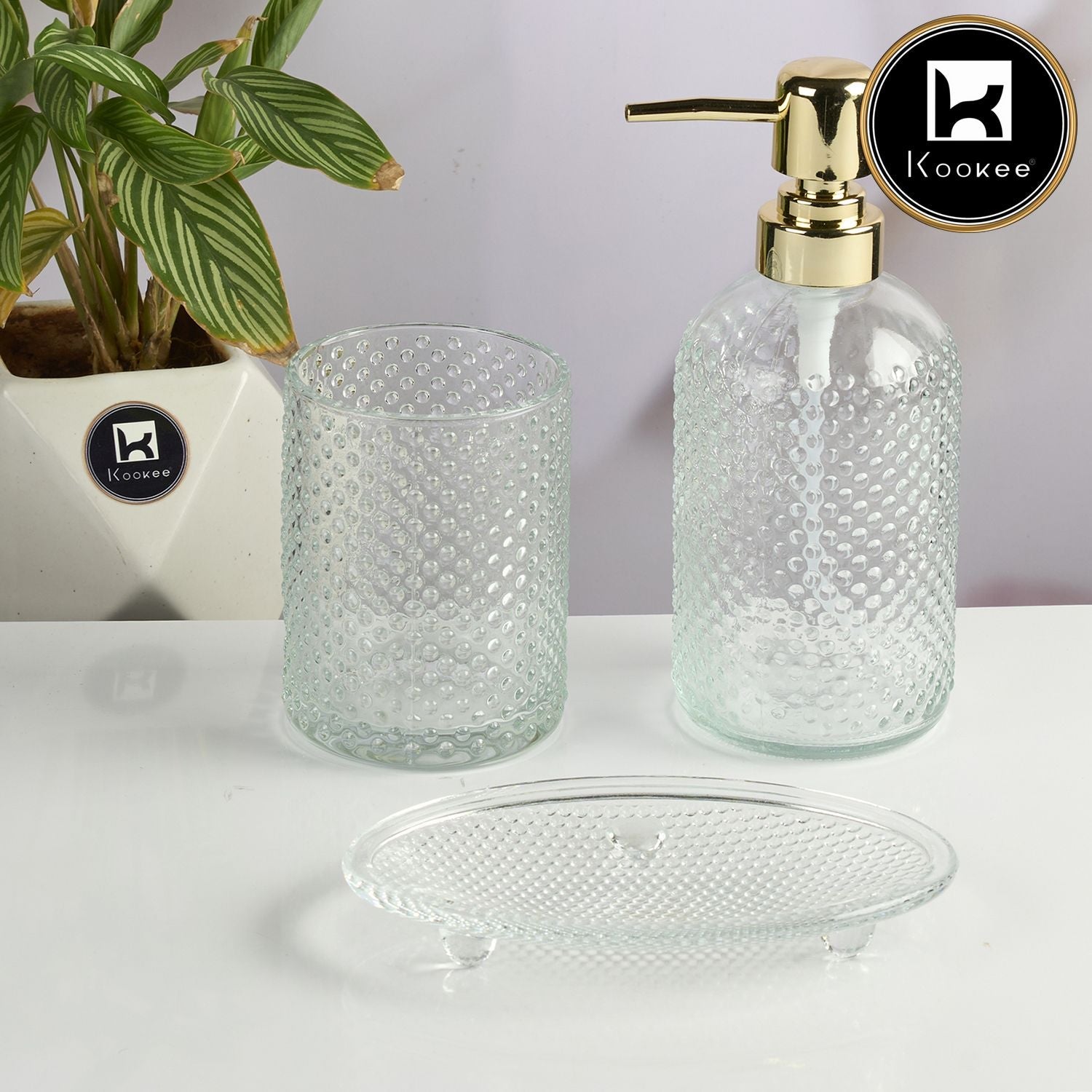 Glass Bathroom Accessories Set of 3 with Soap Dispenser, Transparent (11567)