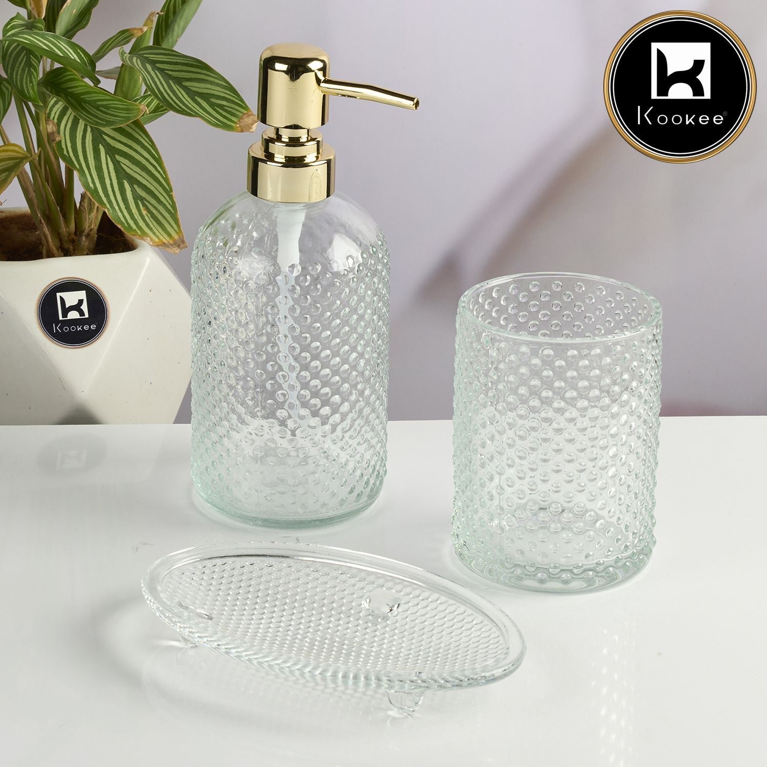 Kookee Glass Bathroom Accessories Set of 3 with Soap Dispenser, Transparent (11567)