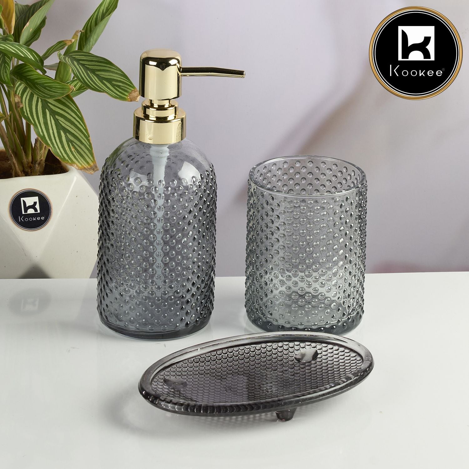 Glass Bathroom Accessories Set of 3 with Soap Dispenser, Grey (11568)