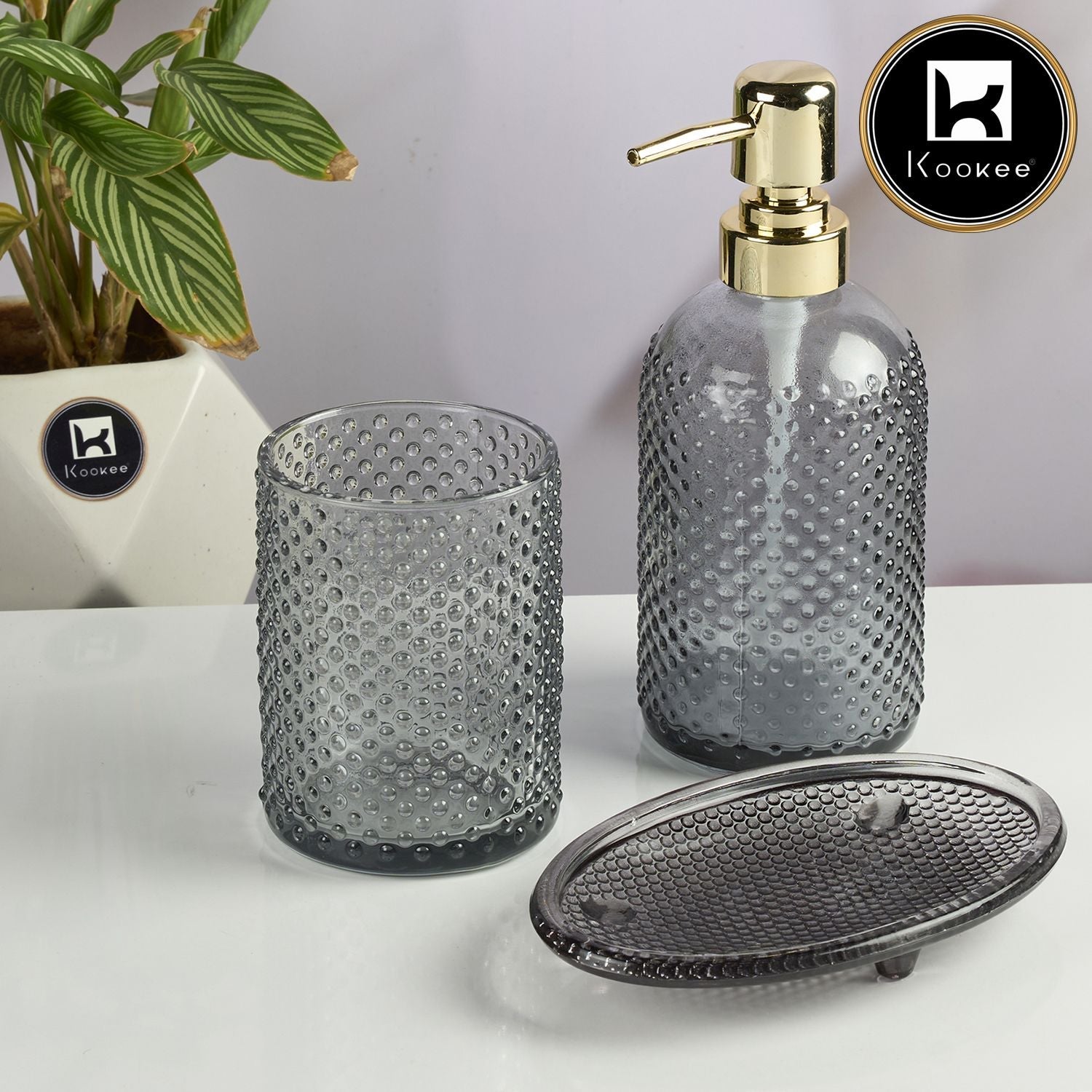 Glass Bathroom Accessories Set of 3 with Soap Dispenser, Grey (11568)