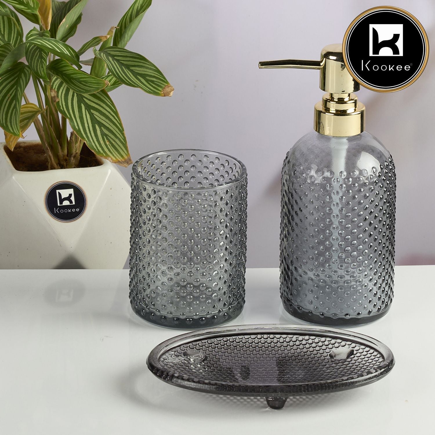 Glass Bathroom Accessories Set of 3 with Soap Dispenser, Grey (11568)