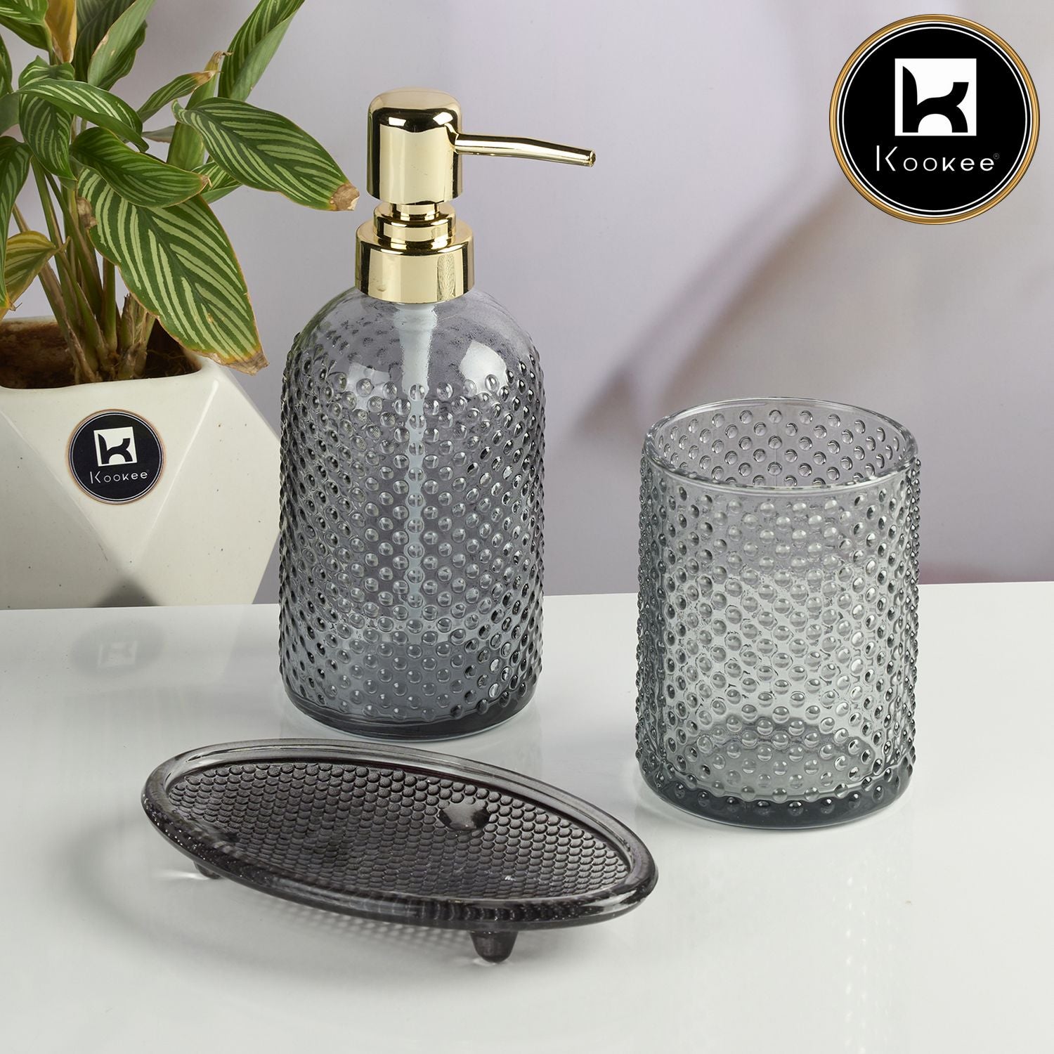 Kookee Glass Bathroom Accessories Set of 3 with Soap Dispenser, Grey (11568)