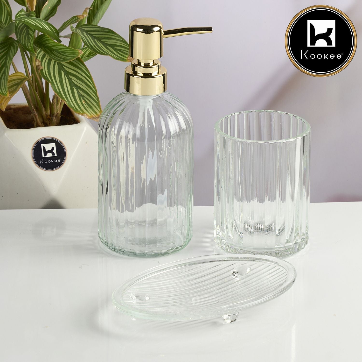 Glass Bathroom Accessories Set of 3 with Soap Dispenser, Transparent (11569)