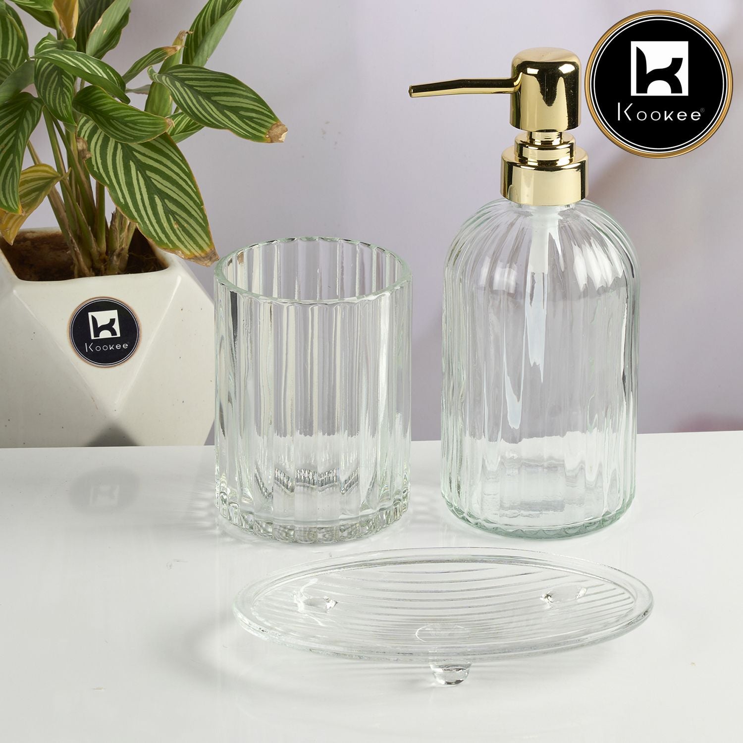 Glass Bathroom Accessories Set of 3 with Soap Dispenser, Transparent (11569)